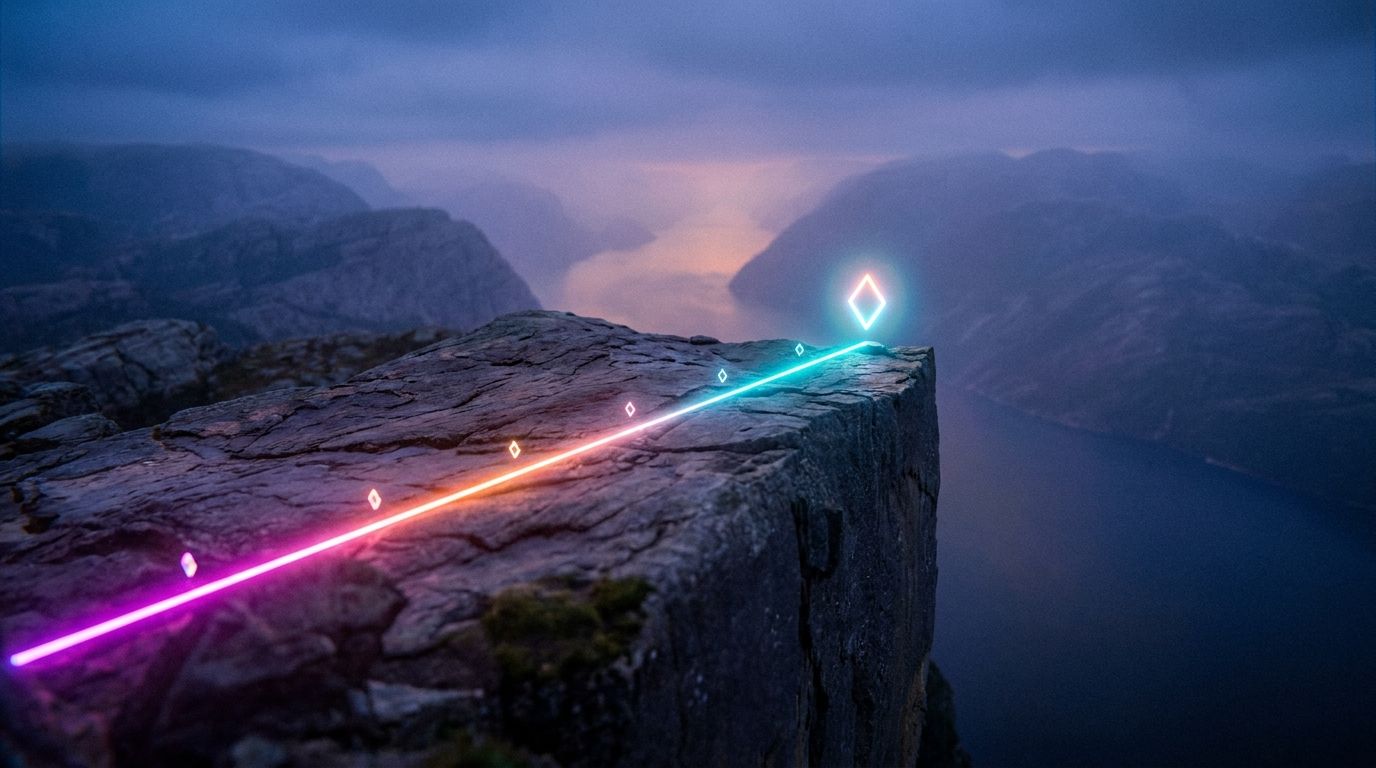 One direct glowing route crosses a stone shelf to the brightest diamond marker at the edge, like a website built to drive one result.