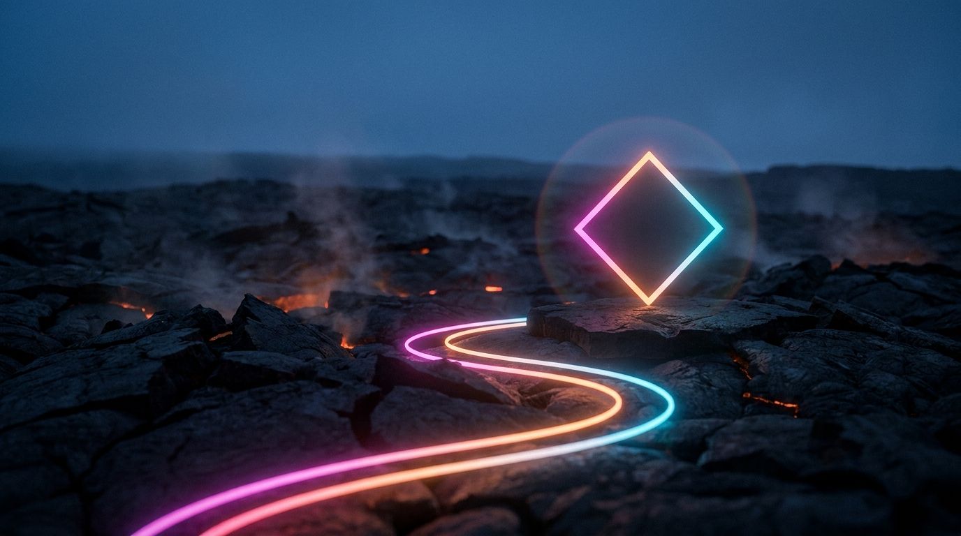 A glowing route winds between fissures on a lava field to one diamond waypoint, like a helpful custom 404 error page.