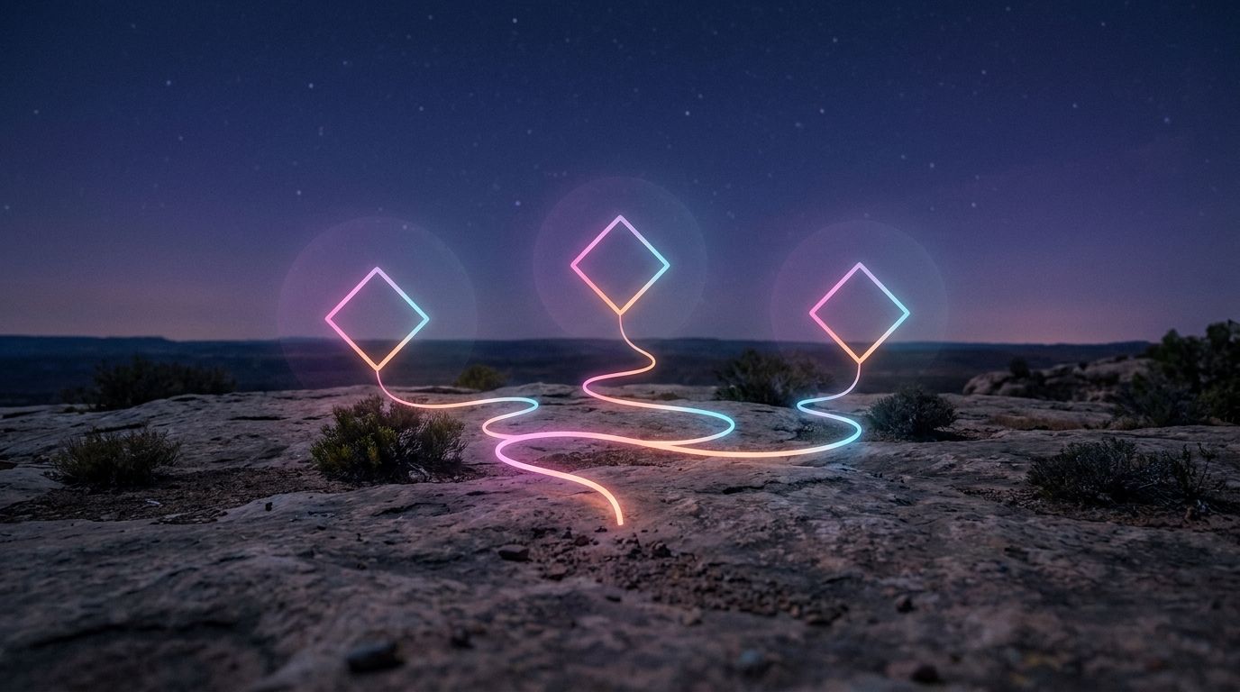A glowing route on a starlit plateau links three diamond waypoints in a small constellation pattern, like separate tactics becoming one lead system.