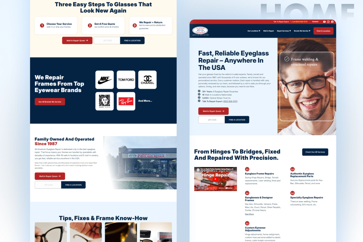 All American Eyeglass Repair website interface details