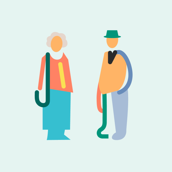 Gledelig illustrasjoner: En gammel dame og en mann som står å snakke