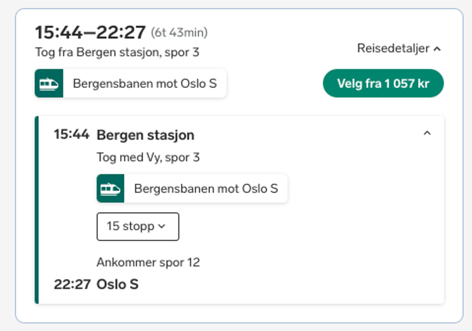 Travel suggestion from Bergen station to Oslo S