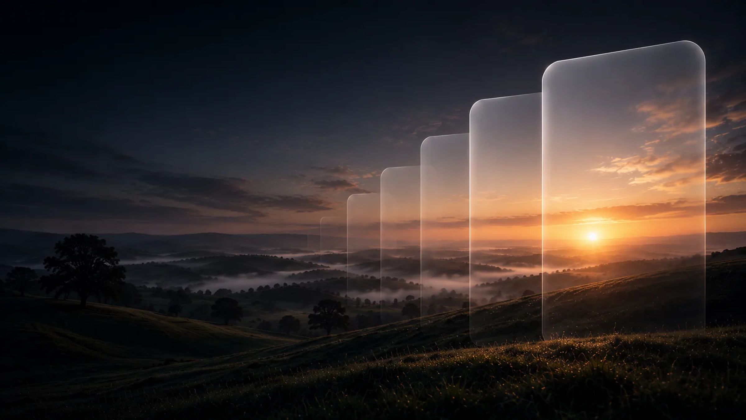 Glass panels rising from dark hillside toward a golden sunrise, mist across the valley below