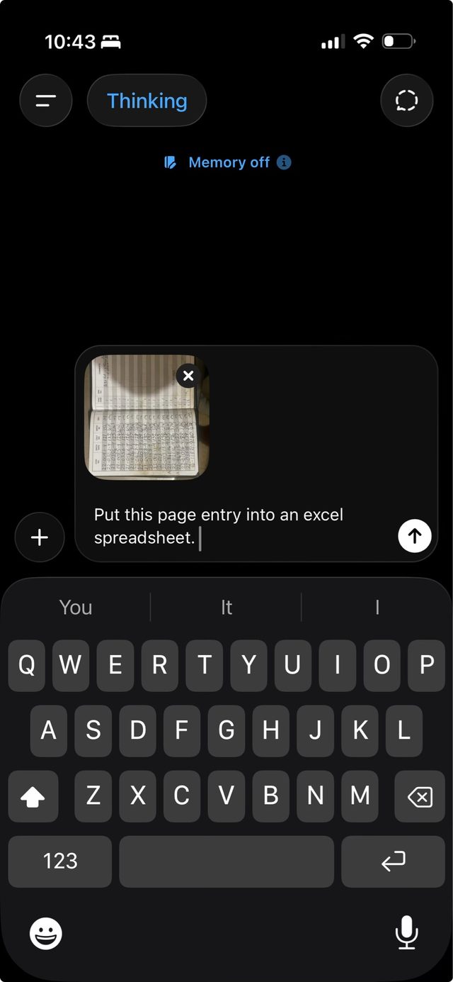 A screenshot of ChatGPT prompting to turn a image of calf book entries into spreadsheet