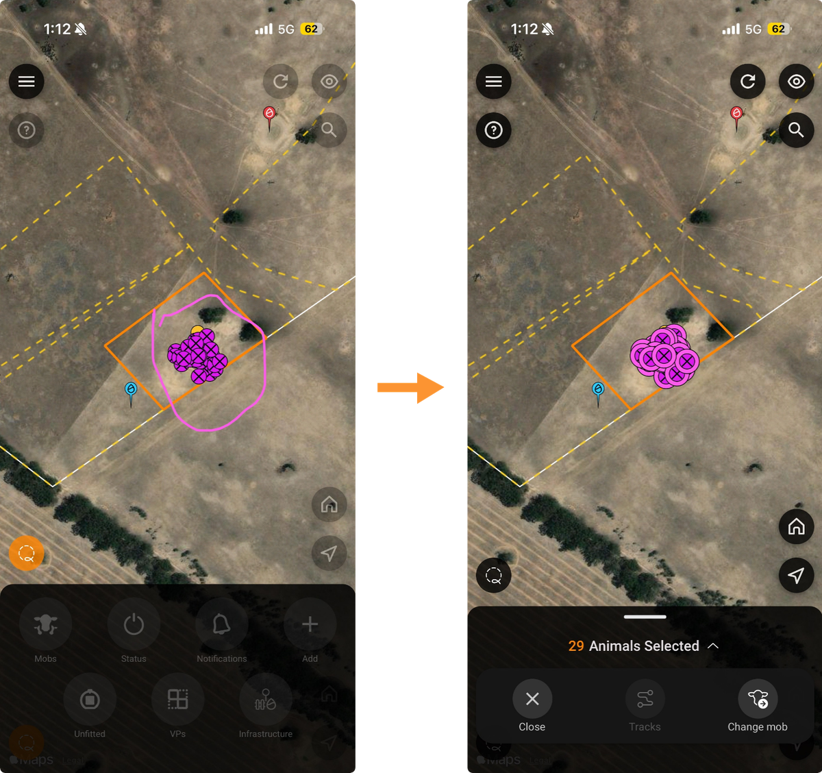 eShepherd app lasso selection: draw a loop around animals on the map to select 29 head instantly.