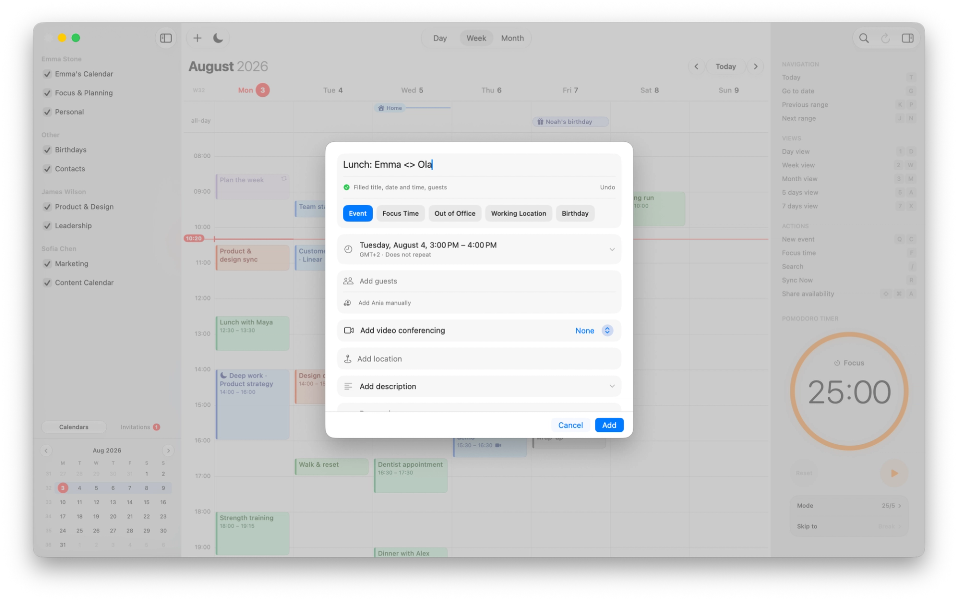 hora event editor with natural-language event creation