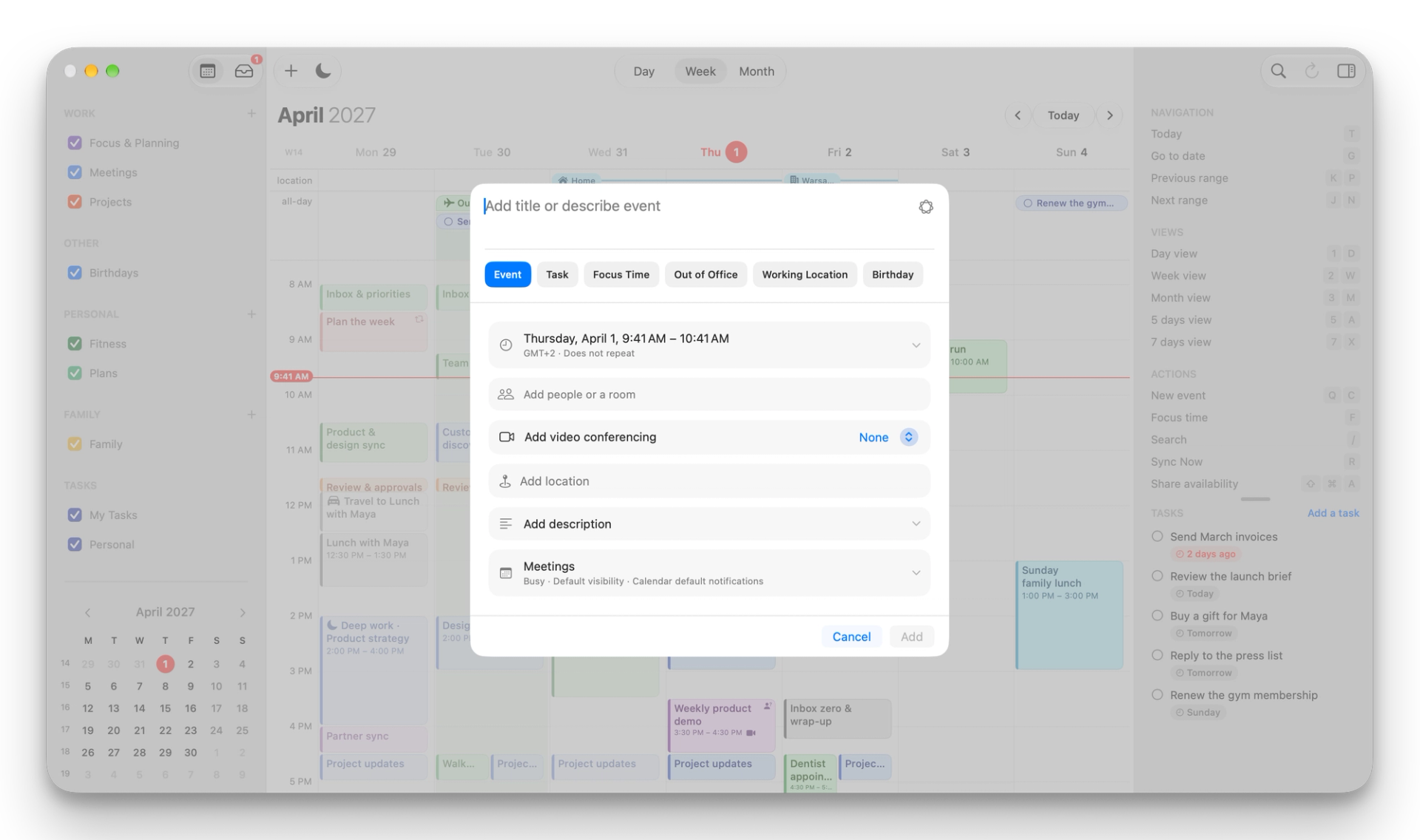 hora event editor with natural-language event creation