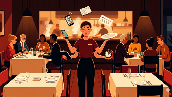 A waitress juggles reservations, calls, and reviews in a packed restaurant while two tables sit empty