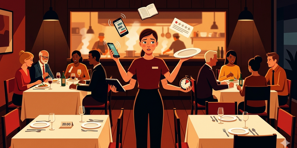 A waitress juggles reservations, calls, and reviews in a packed restaurant while two tables sit empty