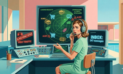 Osoba za radarskim pultom okružena ikonama košarice, chat poruka i notifikacija, što je vizualna metafora preopterećenosti webshop korisničke podrške