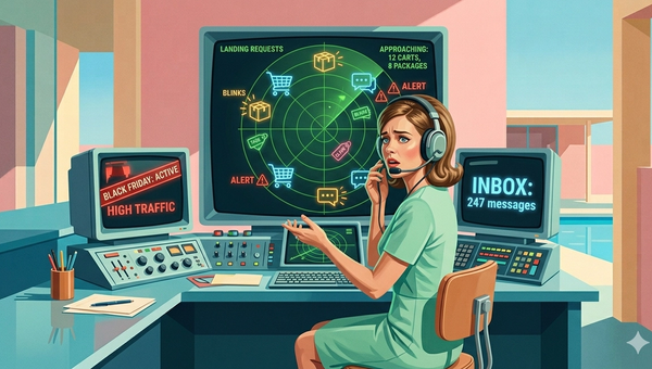 A person at a radar console surrounded by icons of shopping carts, chat messages and notifications, a visual metaphor for the overload of webshop customer support