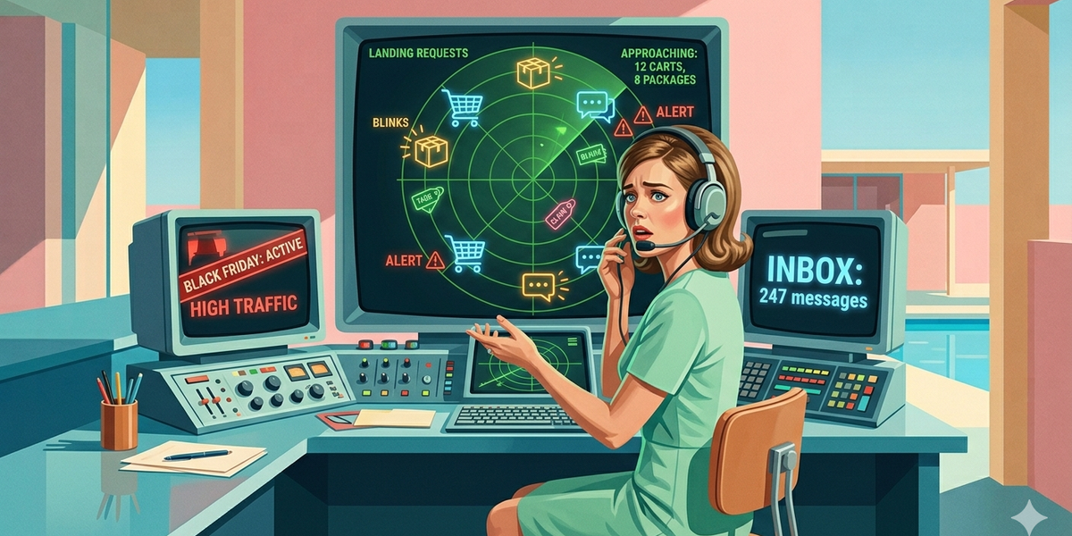 A person at a radar console surrounded by icons of shopping carts, chat messages and notifications, a visual metaphor for the overload of webshop customer support