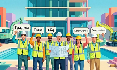 Radnici u zaštitnoj opremi na gradilištu okruženi oblačićima govora na različitim jezicima - ilustracija jezične raznolikosti stranih radnika u Hrvatskoj