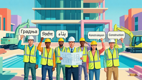 Workers in protective gear on a construction site surrounded by speech bubbles in different languages - illustration of linguistic diversity of foreign workers in Croatia