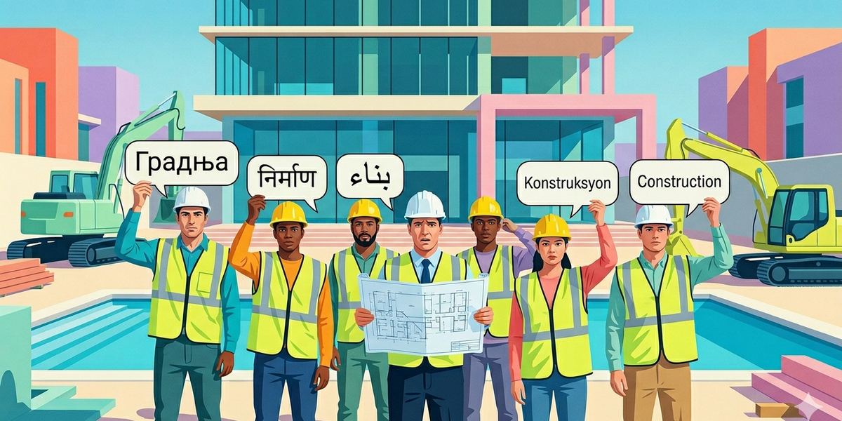 Workers in protective gear on a construction site surrounded by speech bubbles in different languages - illustration of linguistic diversity of foreign workers in Croatia