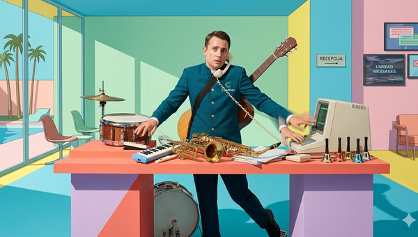 Hotel receptionist in uniform surrounded by musical instruments and office equipment, illustration of the one man band concept as a metaphor for hotel front desk overload
