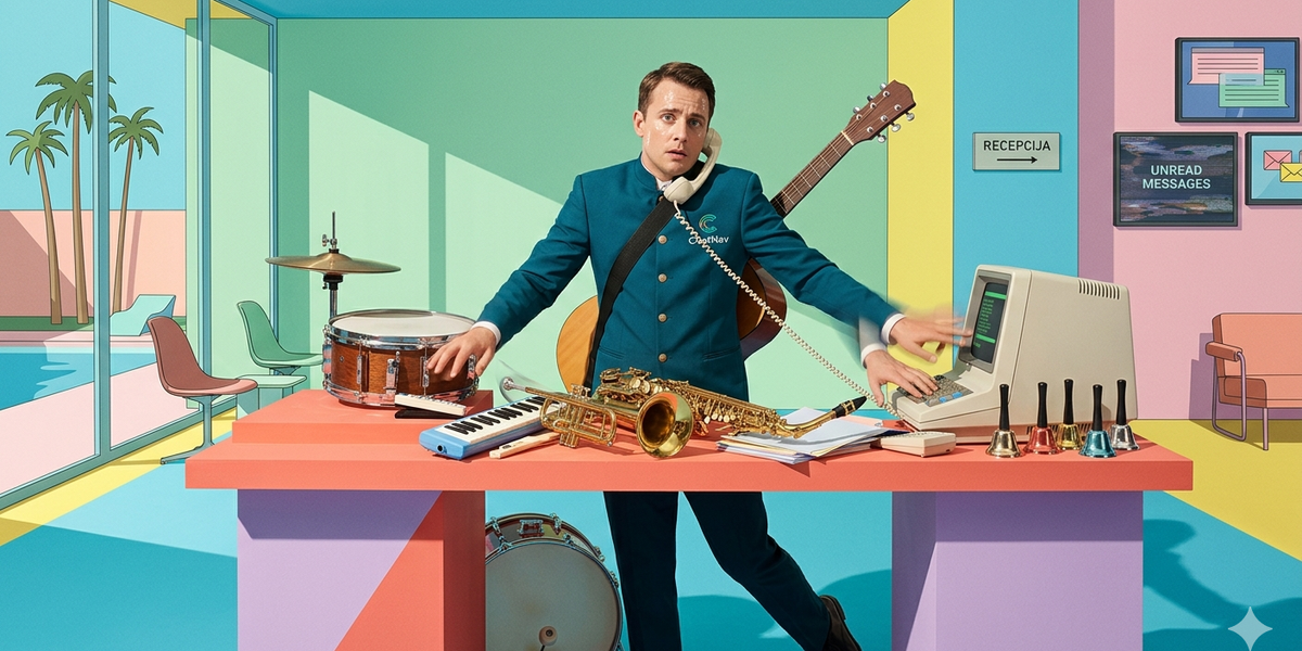Hotel receptionist in uniform surrounded by musical instruments and office equipment, illustration of the one man band concept as a metaphor for hotel front desk overload
