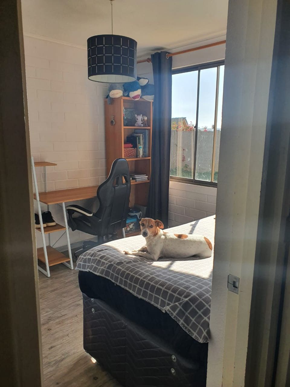 Dormitorio con escritorio, silla, estante y ventana con vista a un muro exterior.