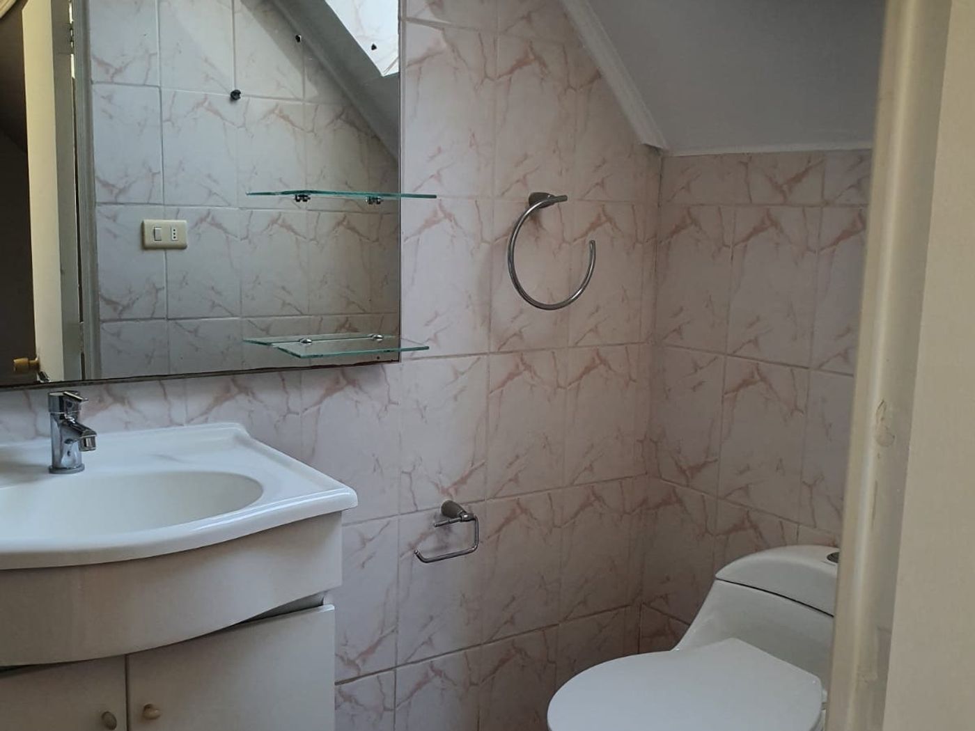 Baño de la mansarda con vanitorio, inodoro, espejo mural y ventana cenital en techo inclinado.