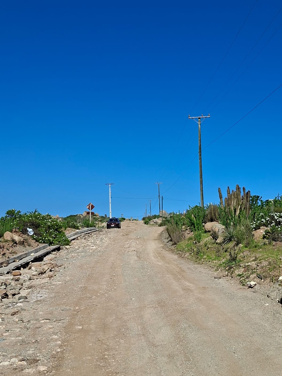 Camino de tierra de acceso a la parcelación bajo cielo azul despejado.