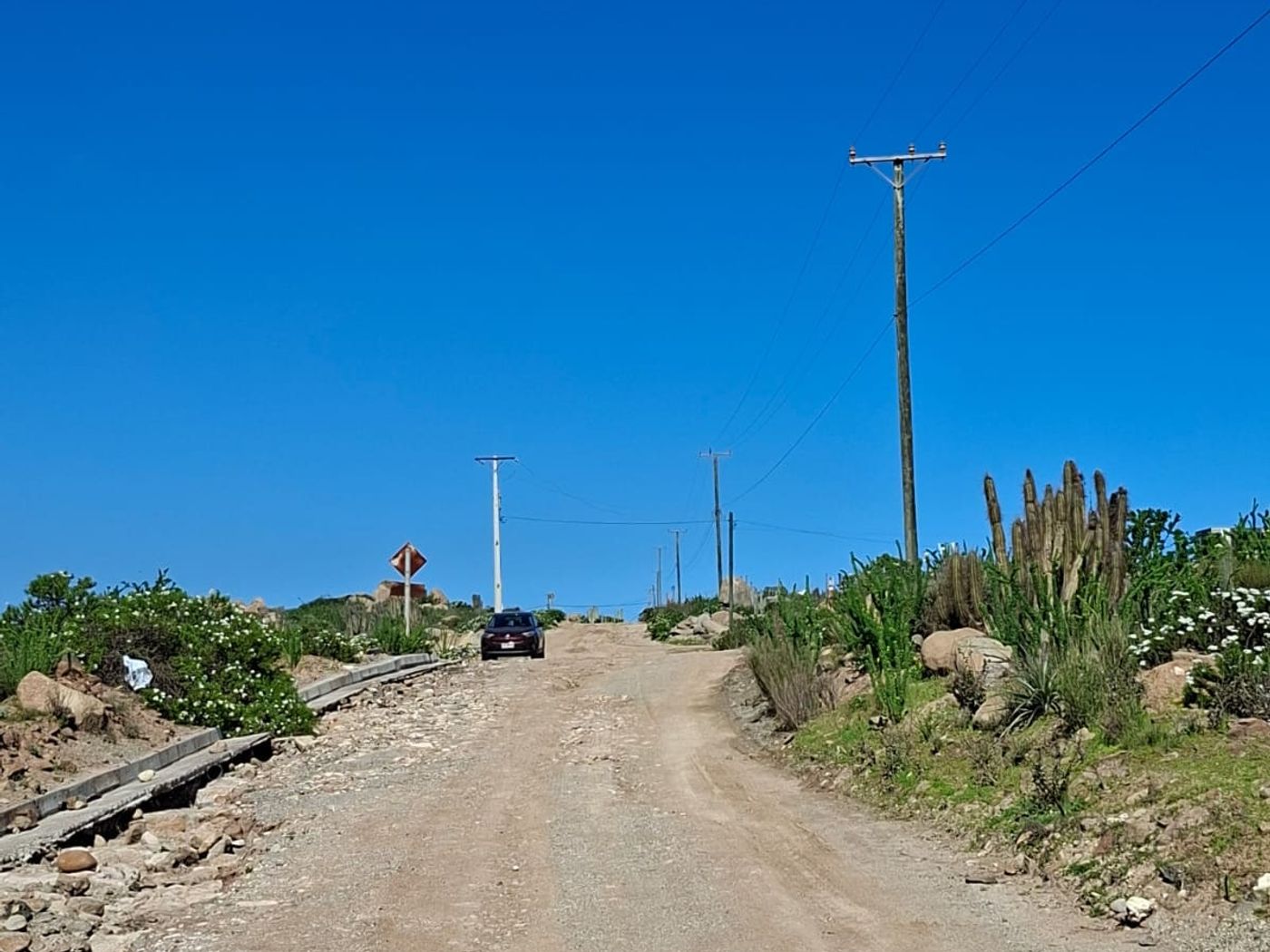 Camino de tierra de acceso a la parcelación bajo cielo azul despejado.