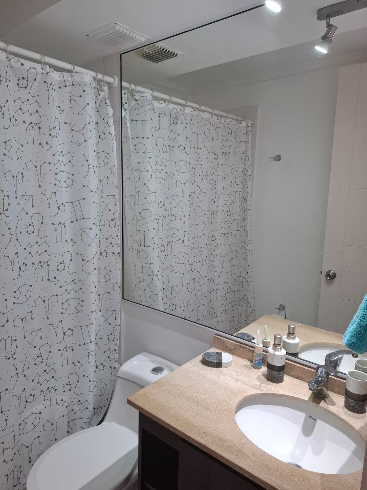 Baño principal completo con vanitorio empotrado, amplio espejo mural e inodoro.