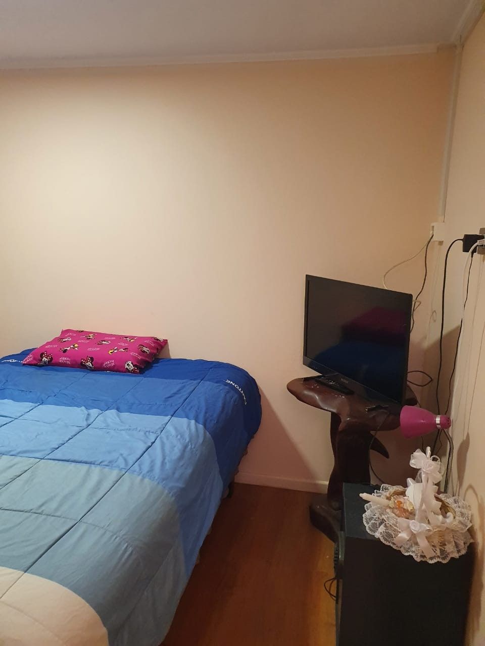 Dormitorio con cama de dos plazas, cojín rosado y un mueble con televisor en la esquina.