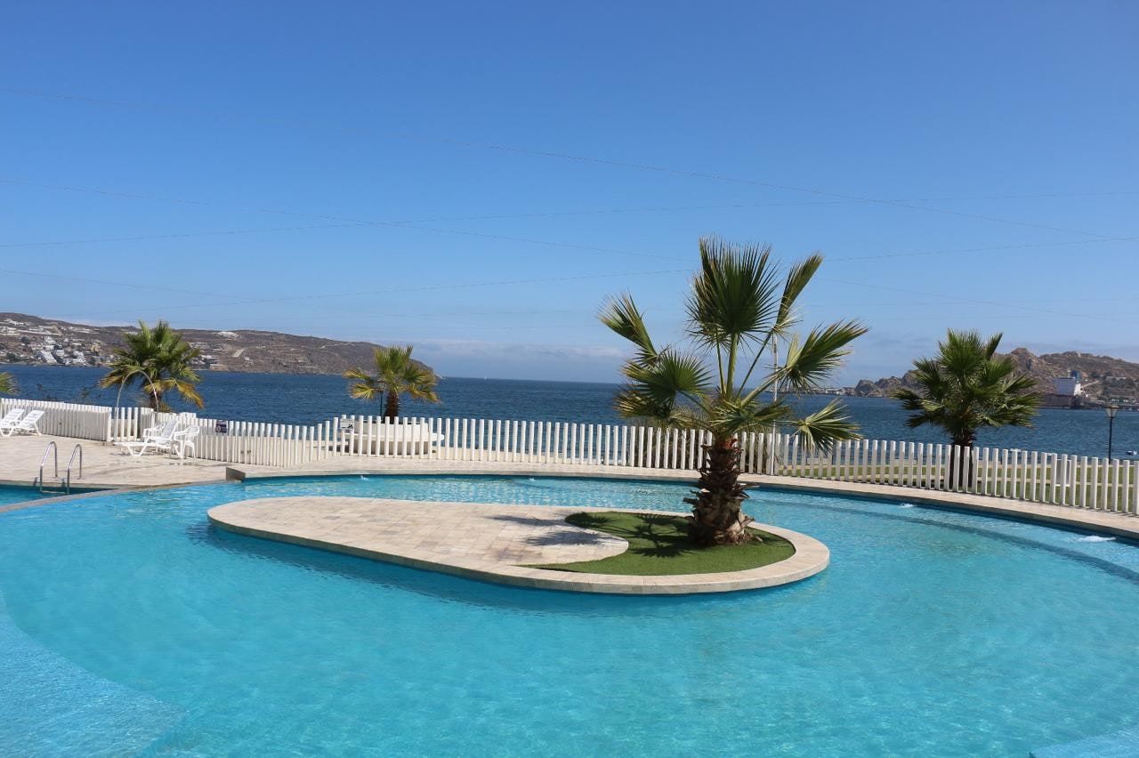Gran piscina curva del condominio rodeada de palmeras y áreas verdes bajo cielo despejado.
