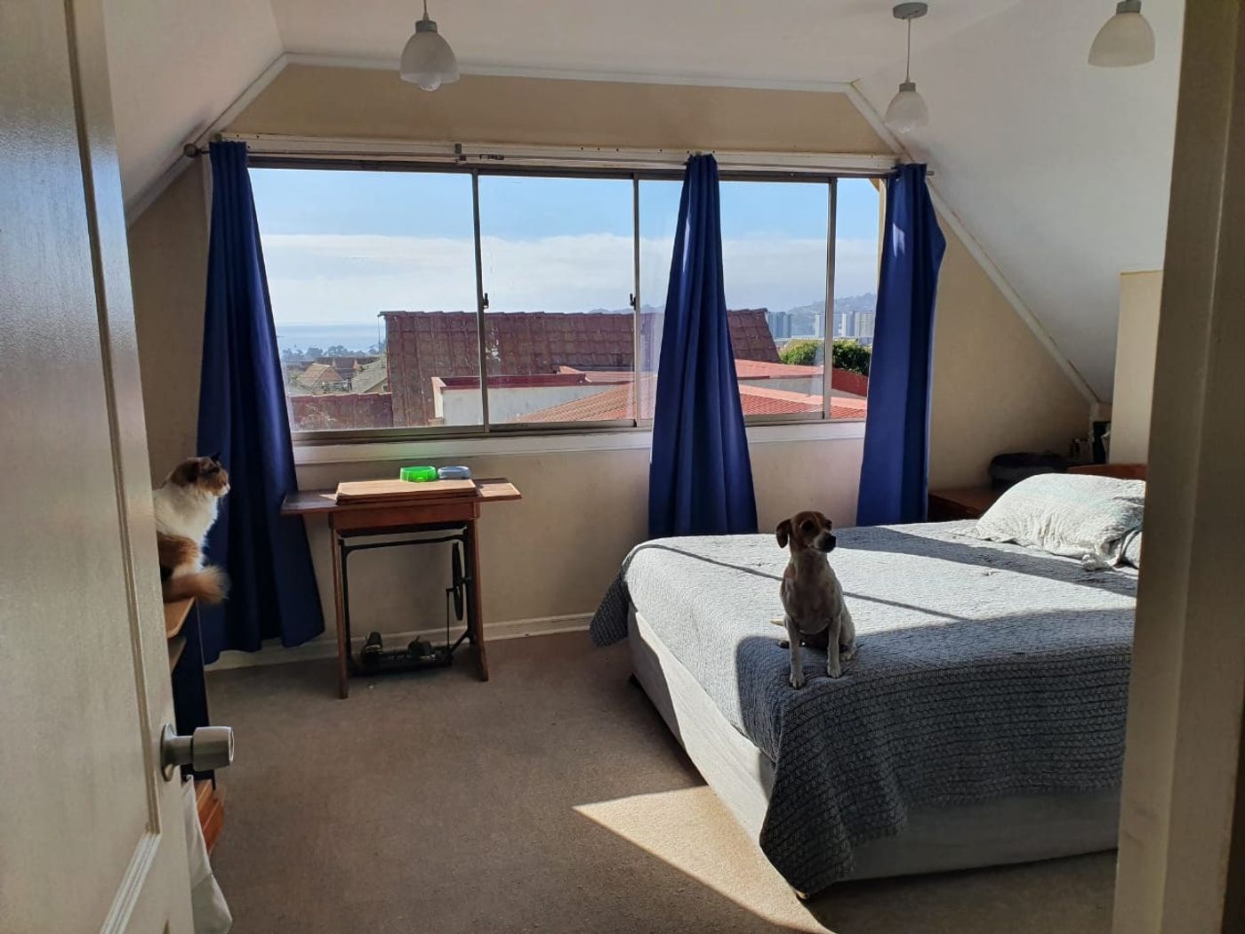 Dormitorio con cama, cortinas azules y ventana con vista a techos y el mar de fondo.