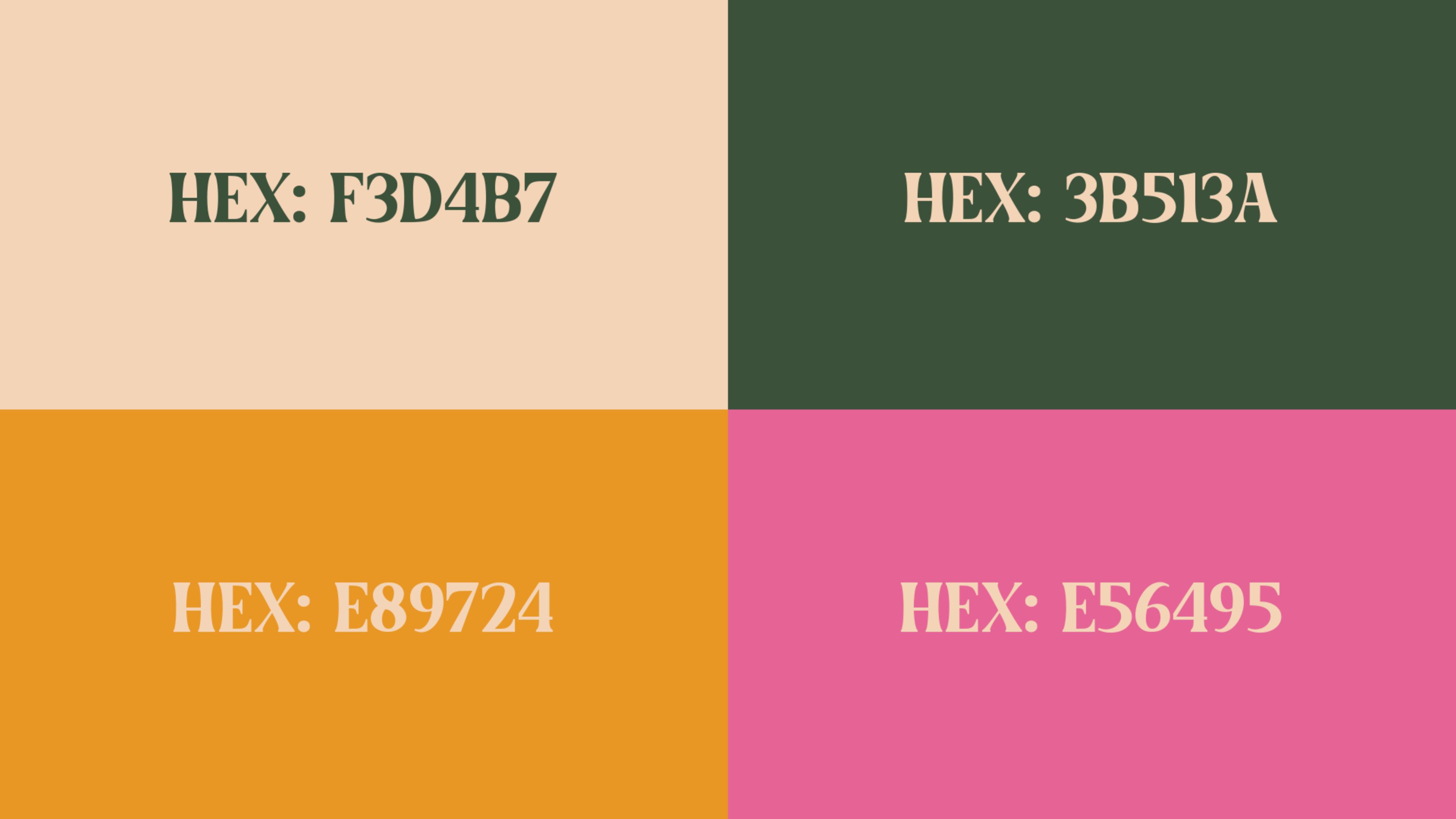 The colors of Organic Bloom in hexcodes, on top left "HEX:F3D4B7", on top right "HEX:3B513A", on bottom left "HEX:E89724", on bottom right "HEX:E56495"