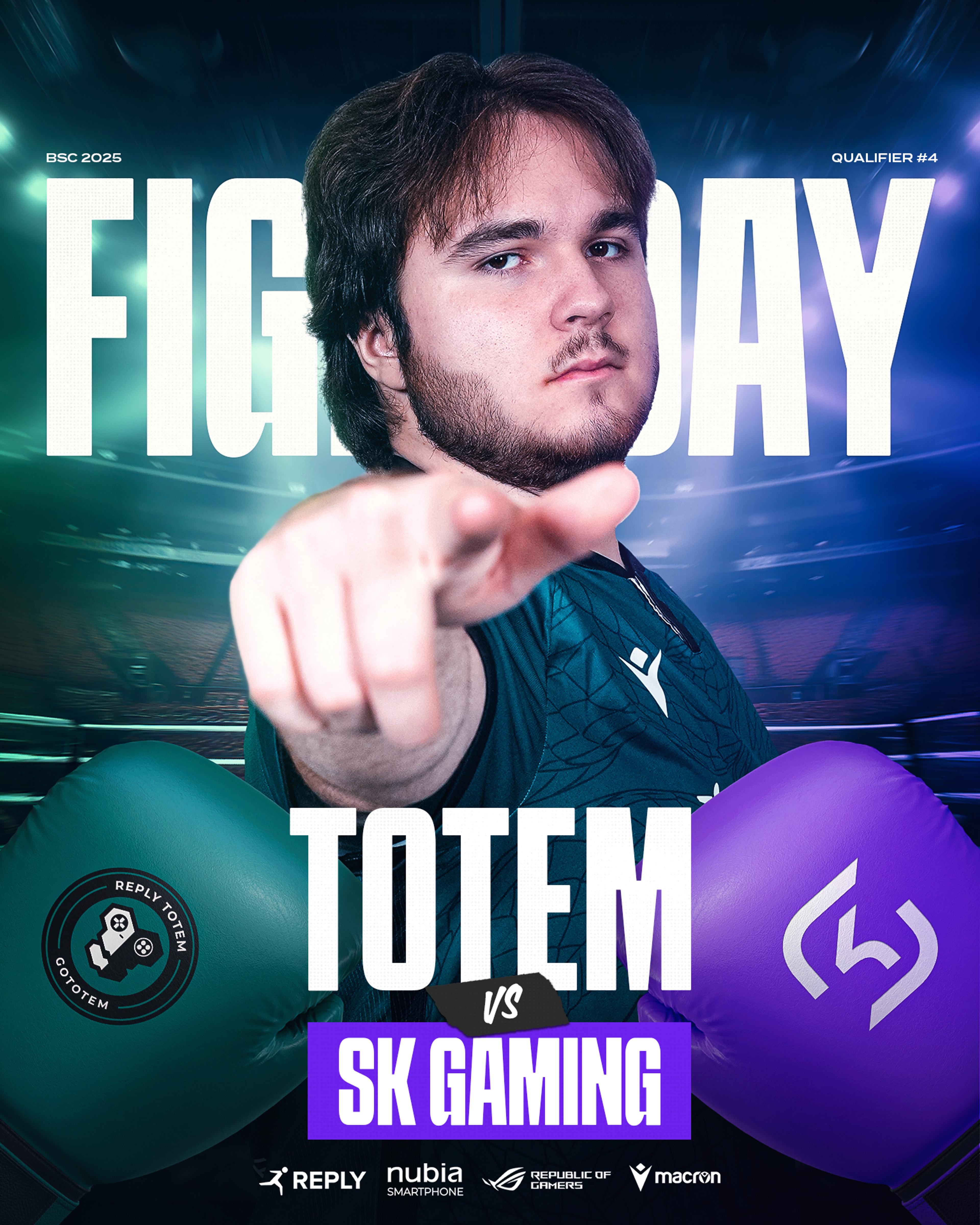 Gameday graphic featuring Angelboy in front of a boxing ring. FIGHTDAY - TOTEM VS SK GAMING