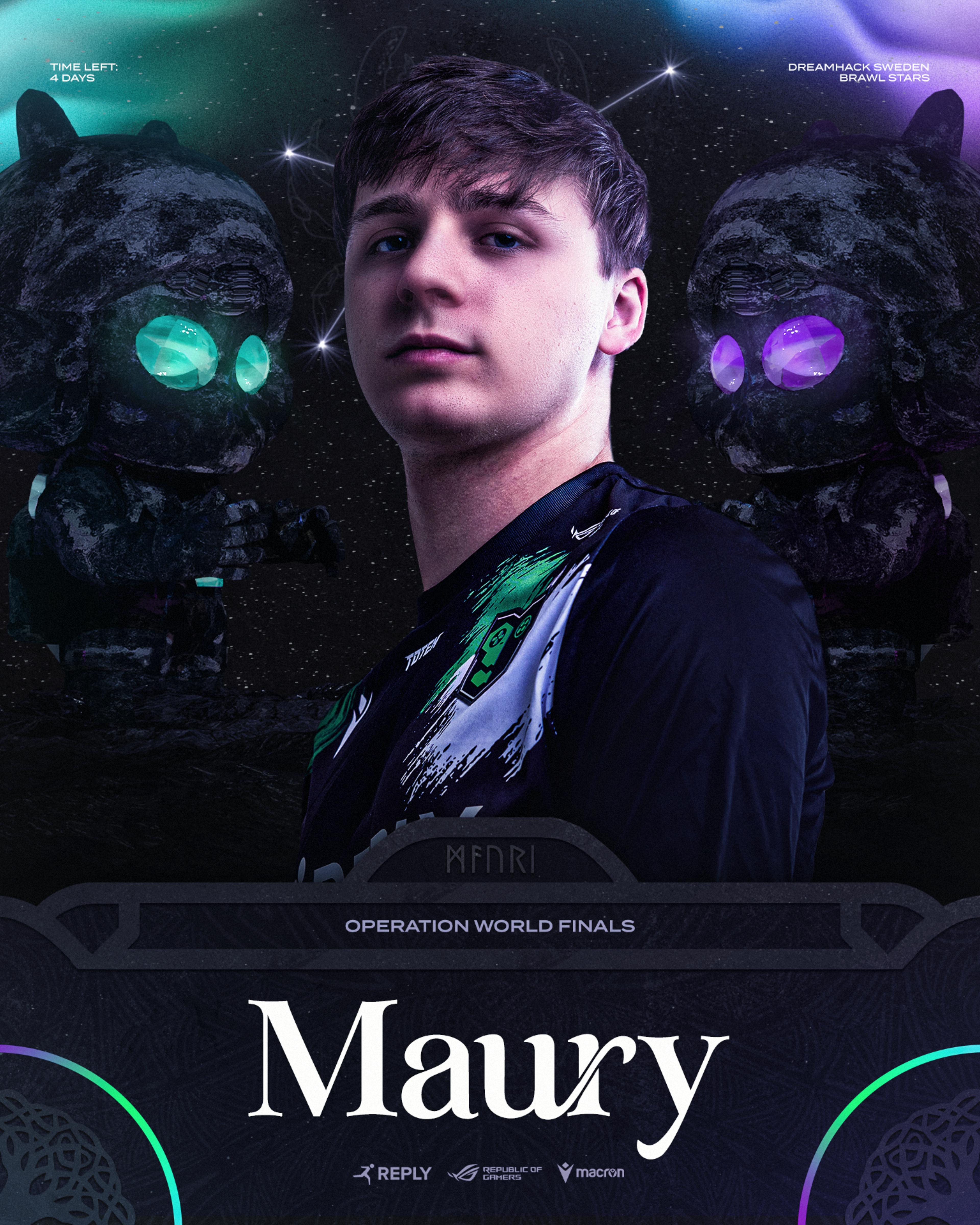 Hype graphic featuring Maury "Operation World Finals". Maury with a cosmic background on his back, two statues of the character "Bea" and his constellation "Cancer"