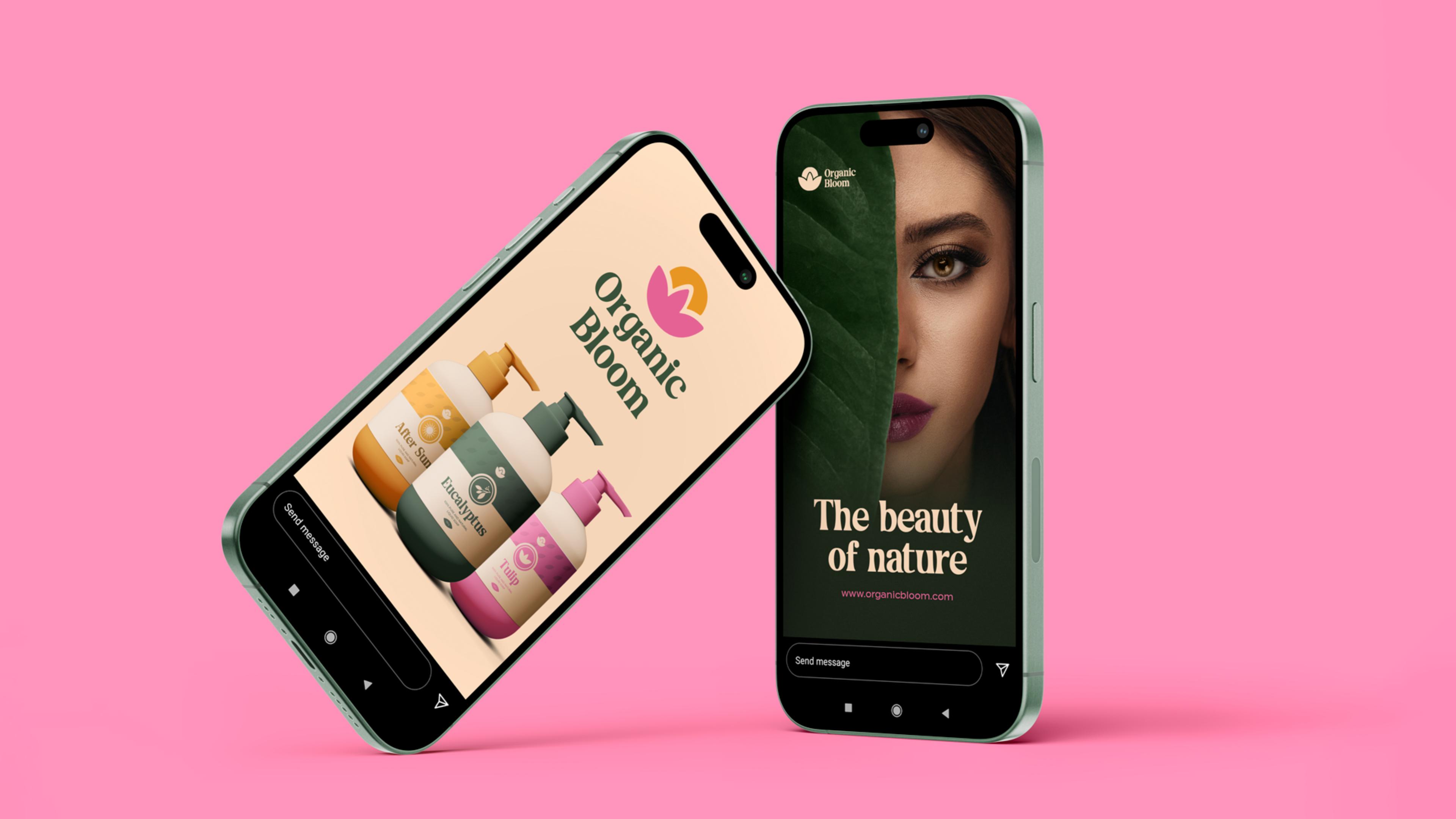 From left to right: two phones on a pink background, the first showcasing an ad with the 3 Organic Bloom soaps, the second one showcasing an ad with Organic Bloom's slogan "The beauty of Nature" and the website "www.organicbloom.com" the image shows a woman whos face is half hidden by a leaf