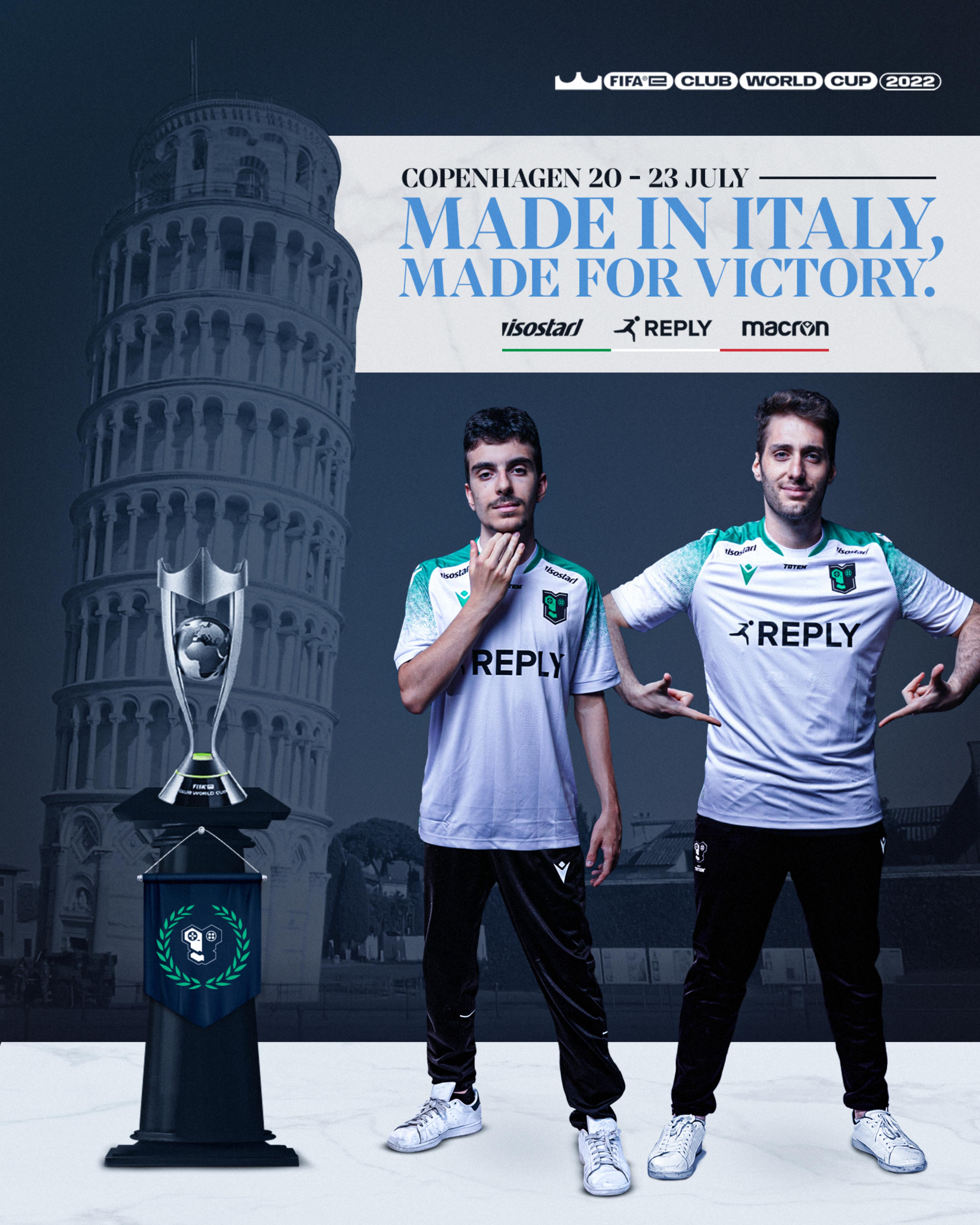 The announcement graphic for the World Cup. From left to right; Montaxer and Santill1 standing near the trophy with the Pisa Tower as background. COPENHAGEN 20-23 JULY - MADE IN ITALY, MADE FOR VICTORY.