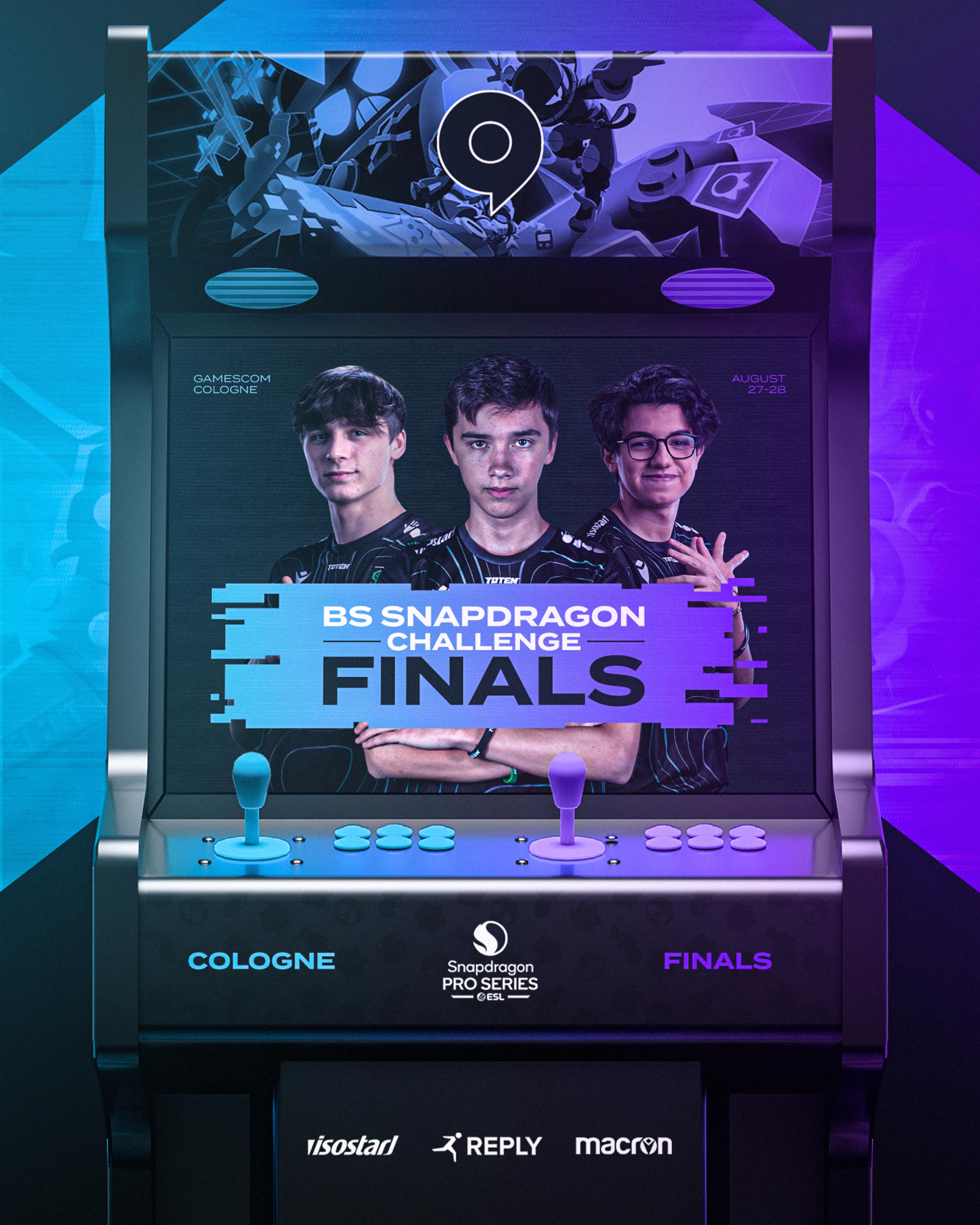 The announcement graphic of the "BS Snapdragon Challenge Finals" at Gamescom. The graphics features the 3 players of Reply Totem on the screen of a gaming cabinet. From left to right on the screen: Maury, Joker and Maru. 