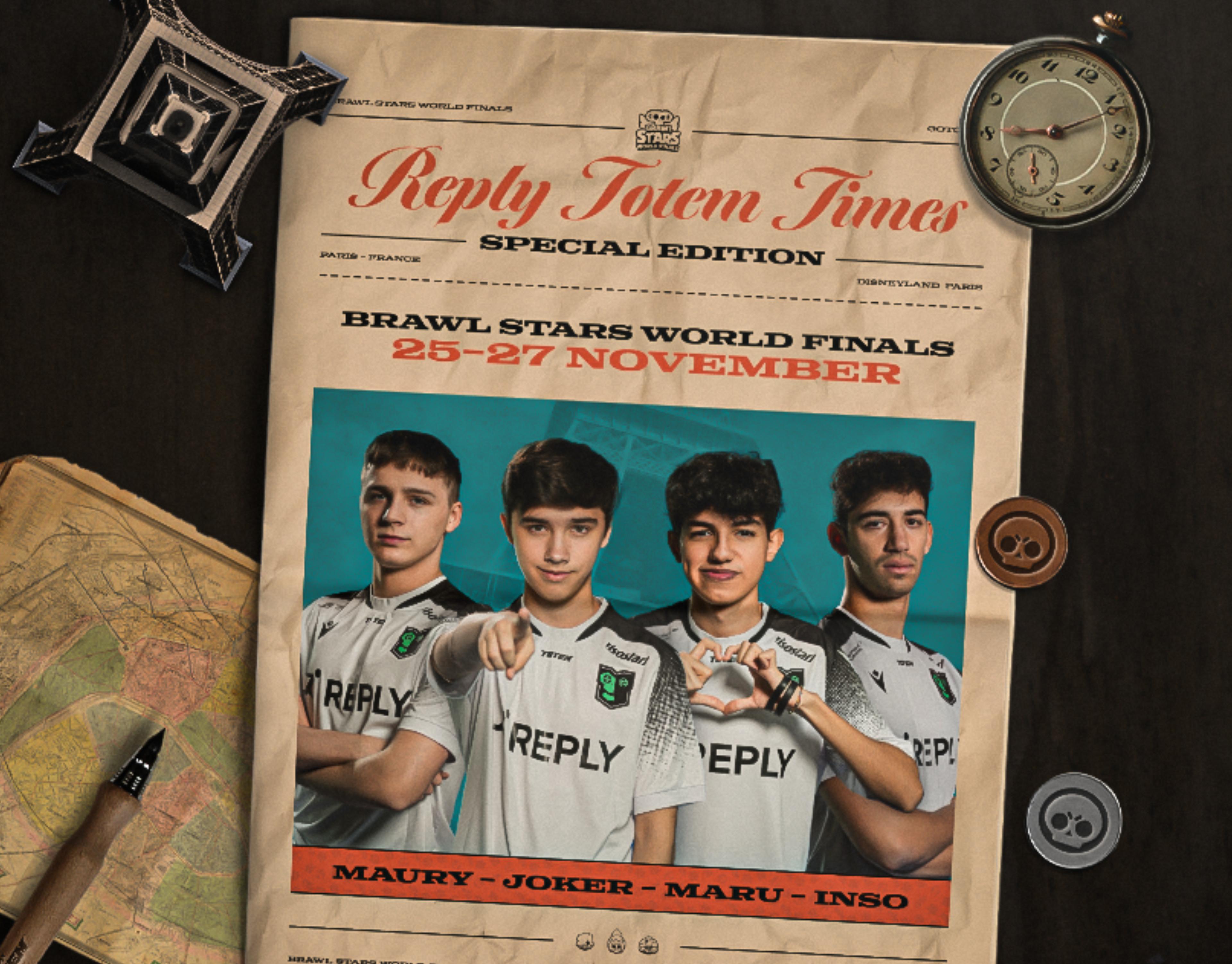 BSC World Finals 2022 thumbnail. An old newspaper on a table featuring the players. From left to right: Maury, Joker, Maru, Inso. REPLY TOTEM TIMES - SPECIAL EDITION - BRAWL STARS WORLD FINALS - 25-27 NOVEMBER