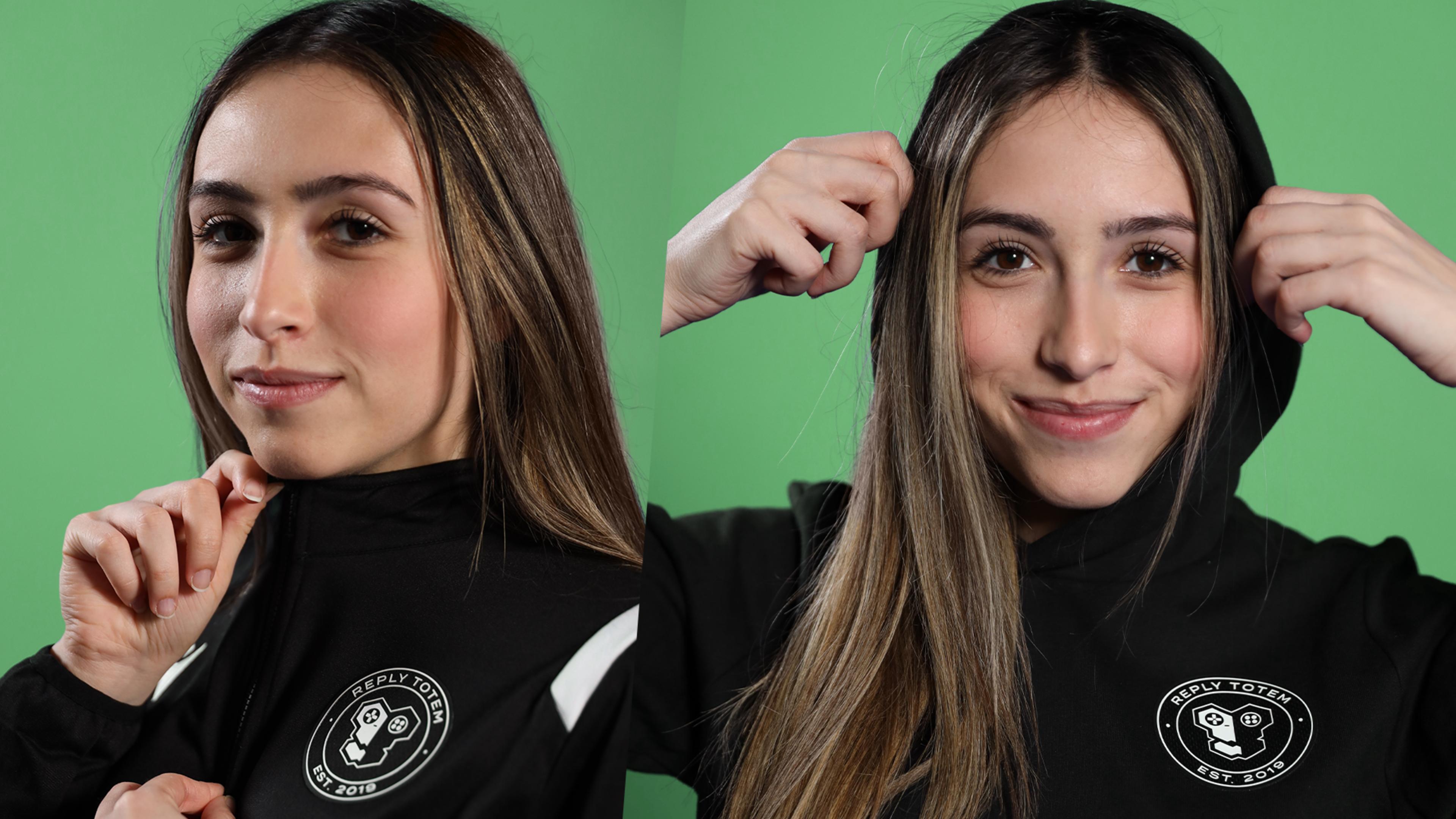 a showcase with Alessandra on green background of the "Pro Jacket" on the left and the "Pro Hoodie" on the right