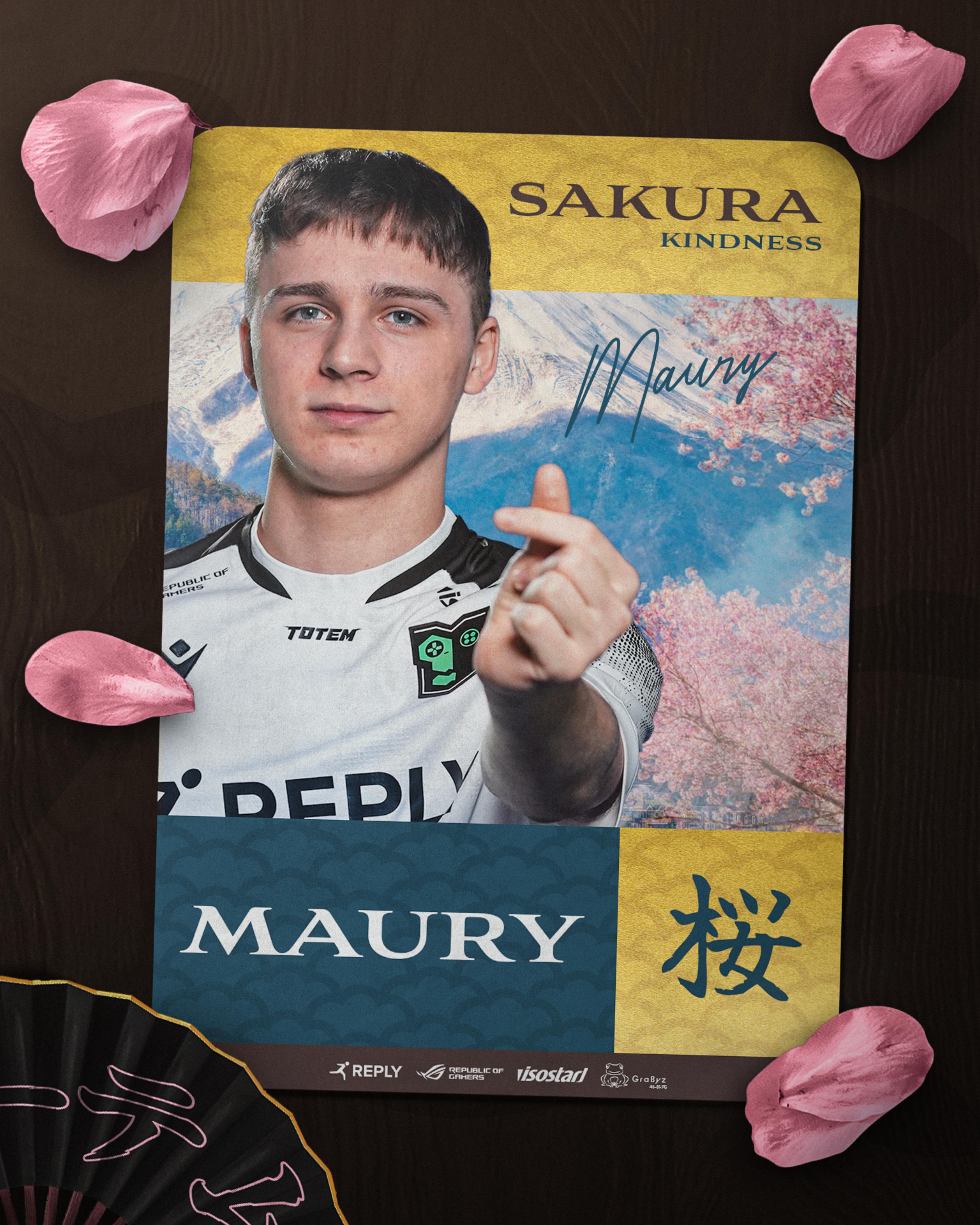 Player spotlight graphic for Maury. The graphic shows a table with Sakura flowers, a fan and a card for Maury in the middle. Maury SAKURA - Kindness