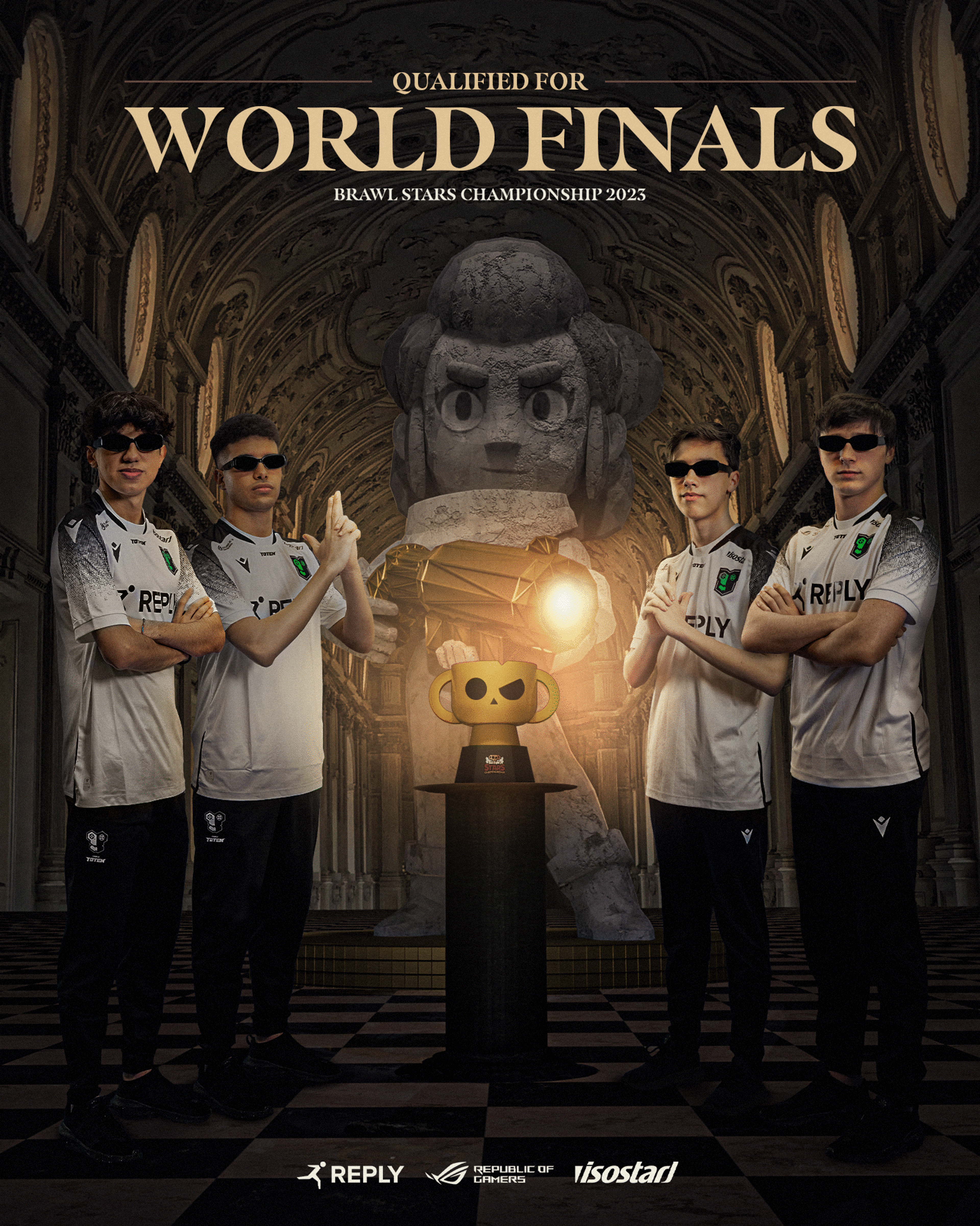 The graphic for the world finals qualification, it shows the player standing in a luxurious gallery with the world finals trophy in the middle. From left to right: Maru, Role, Joker and Maury. In the back a statue of the character "Shelly" with a golden shotgun with light coming out from the gun barrel. The text says "Qualified for WORLD FINALS Brawl stars world championship 2023" 