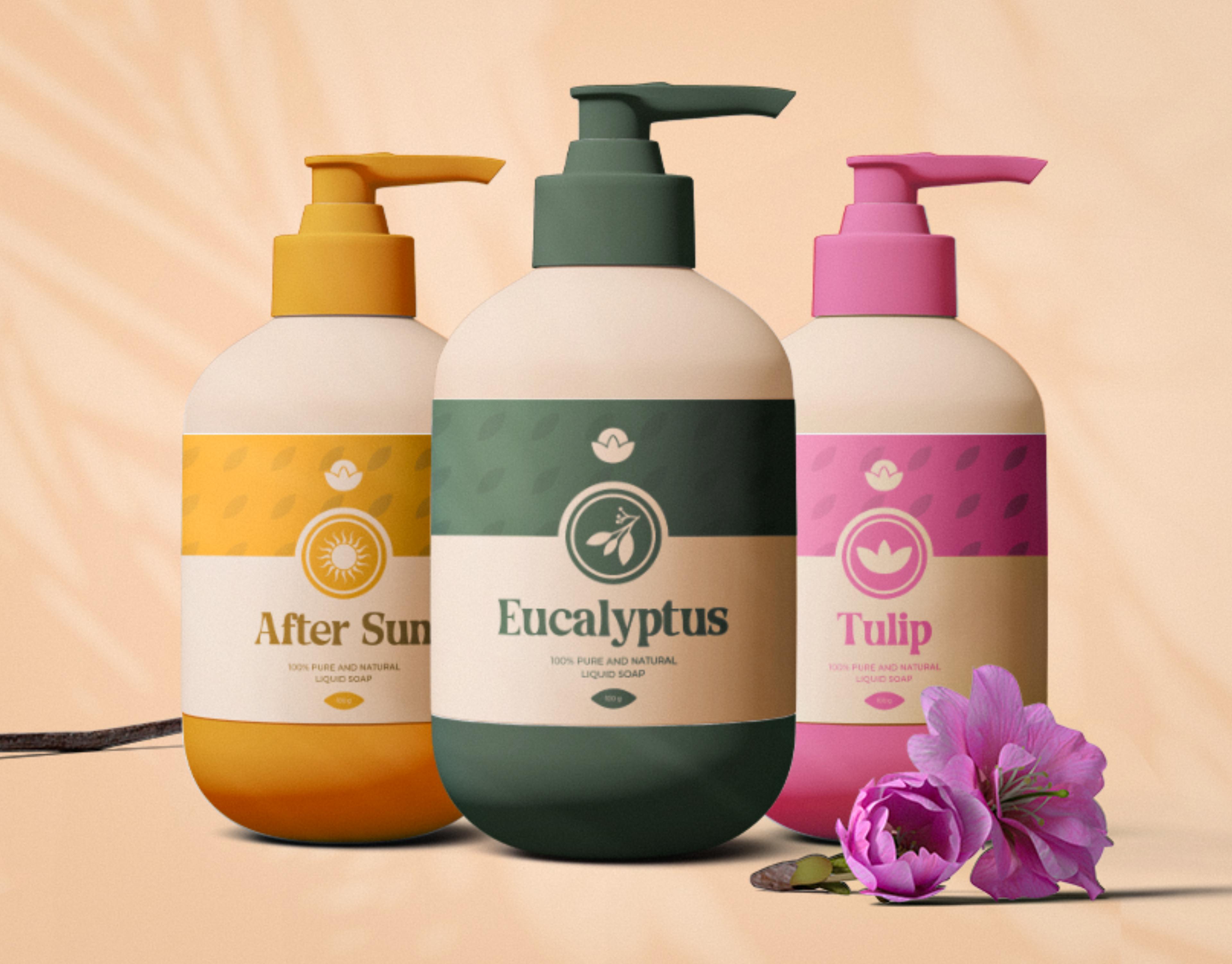 Organic Bloom thumbnail. The image shows 3 Organic bloom products, from left to right, yellow soap "After Sun", green soap "Eucalyptus" and pink soap "Tulip"