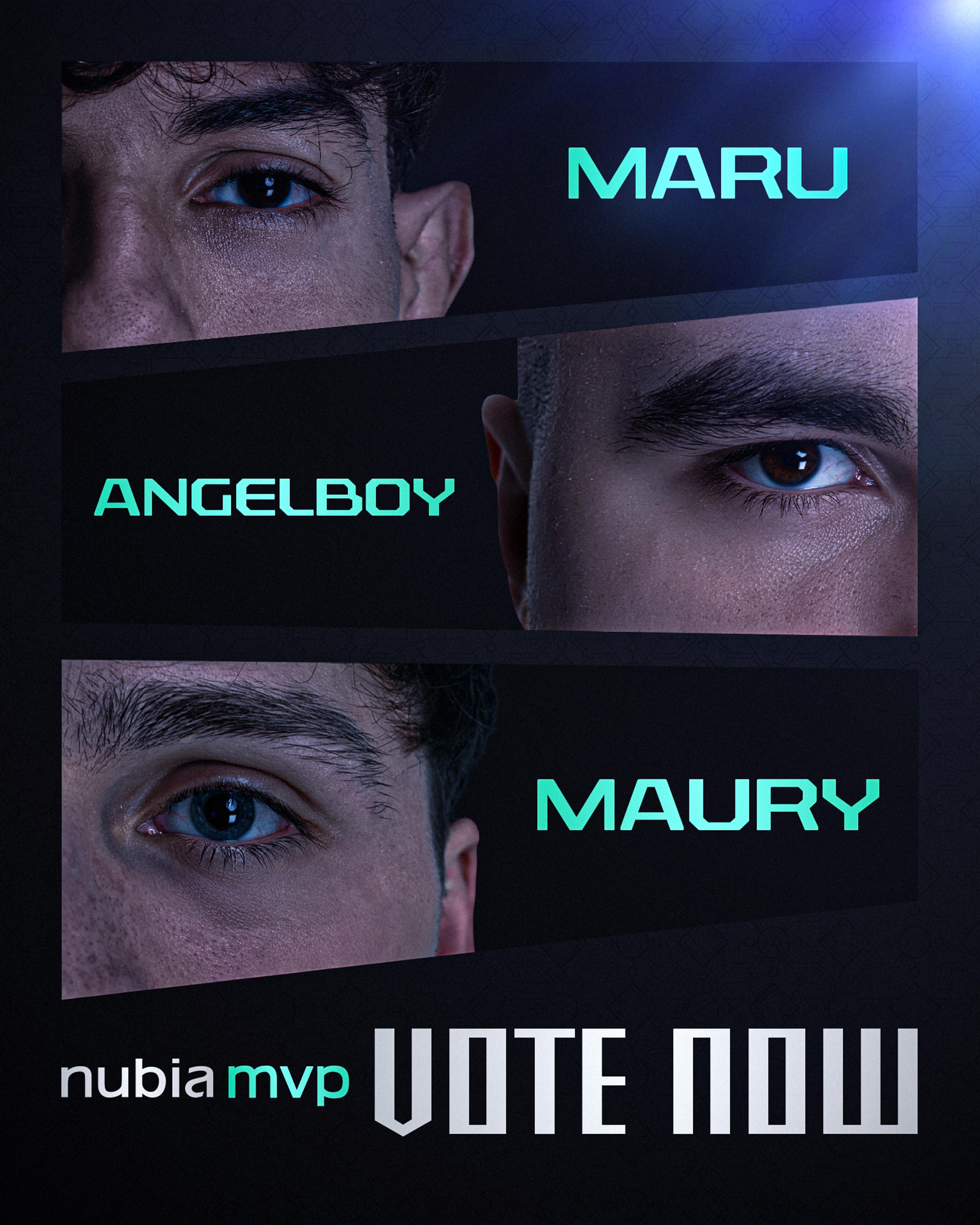 MVP Graphic. Frames showing close-up photos of the Totem players, from top to bottom: Maru, Angelboy, Maury. NUBIA MVP - VOTE NOW