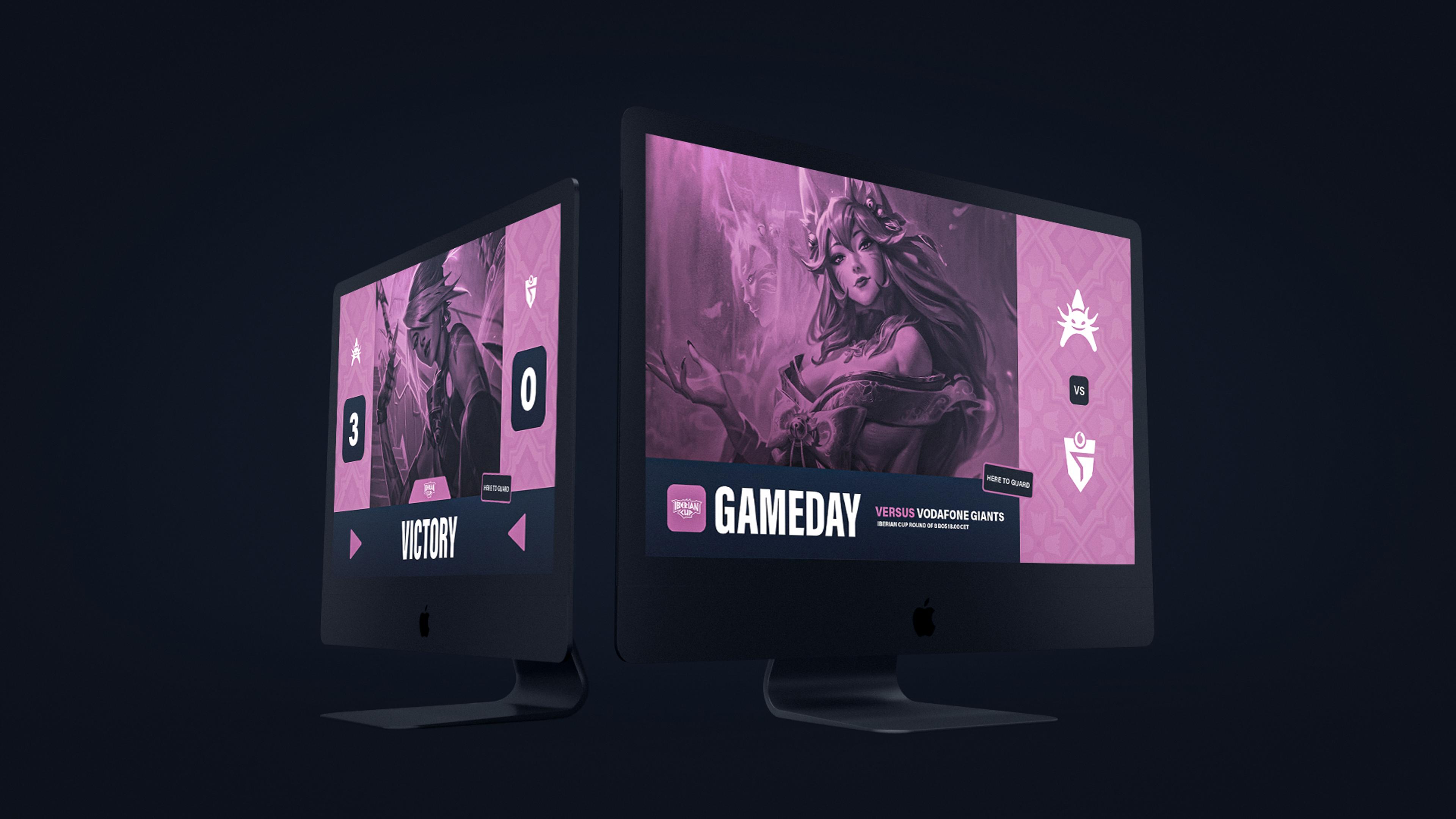 Two monitor mockups showing the gameday and victory graphics of the Iberian Cup