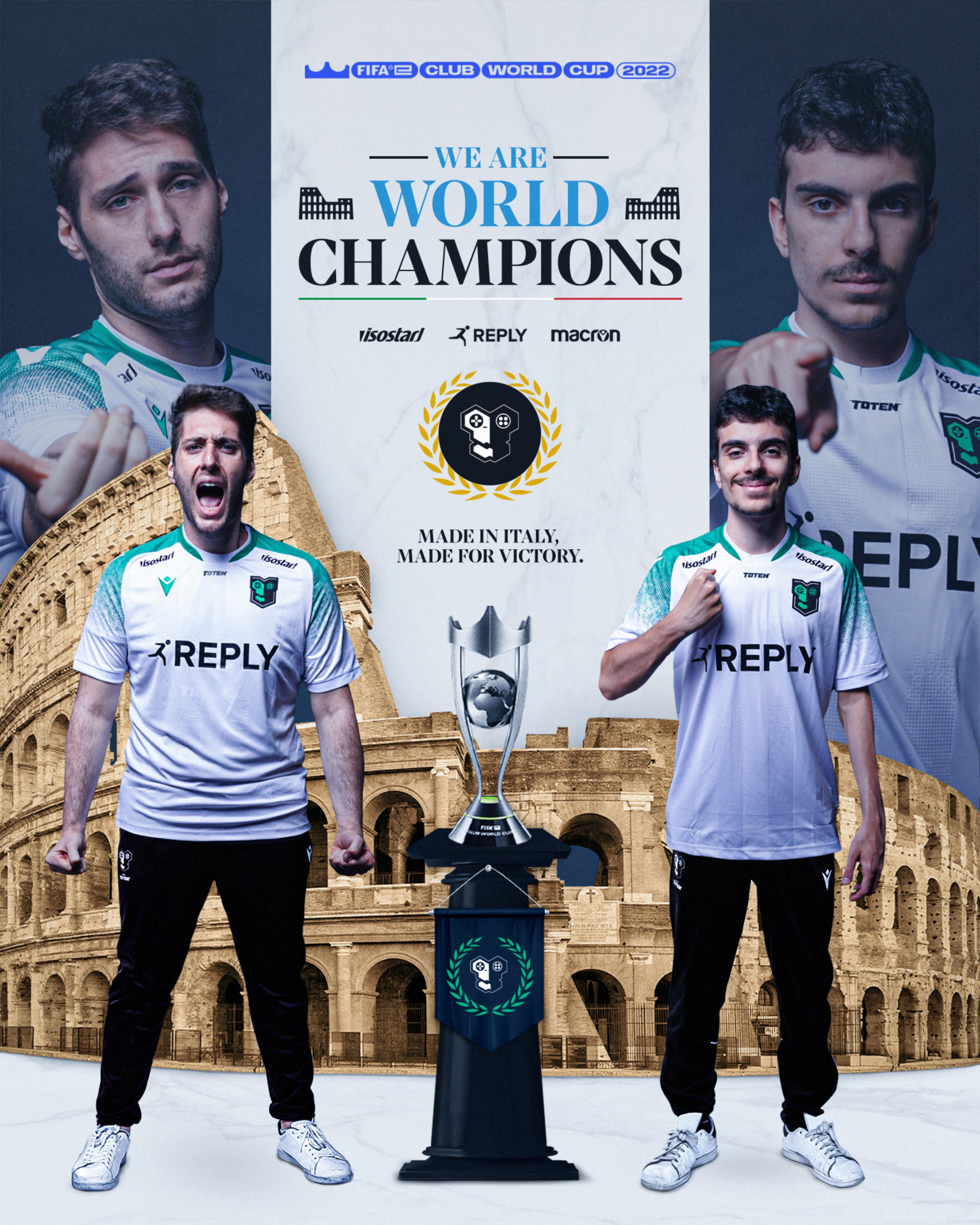 The world champions graphic. From left to right, Santill1 and Montaxer cheering with the trophy in the middle and a golden Colosseum behind them. WE ARE WORLD CHAMPIONS