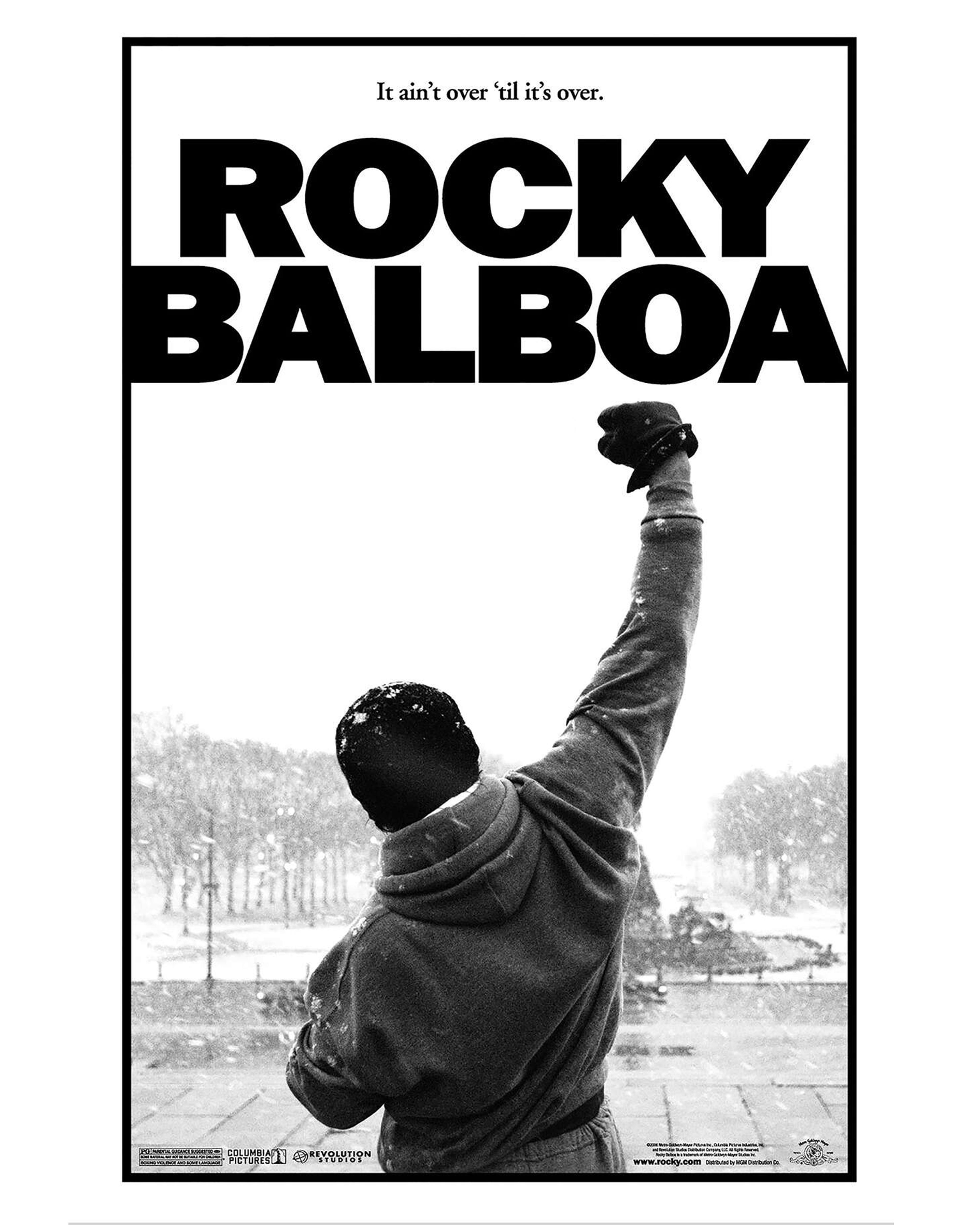 Poster of the Rocky movie. Featuring Rocky Balboa lifting his fist in celebration. ROCKY BALBOA