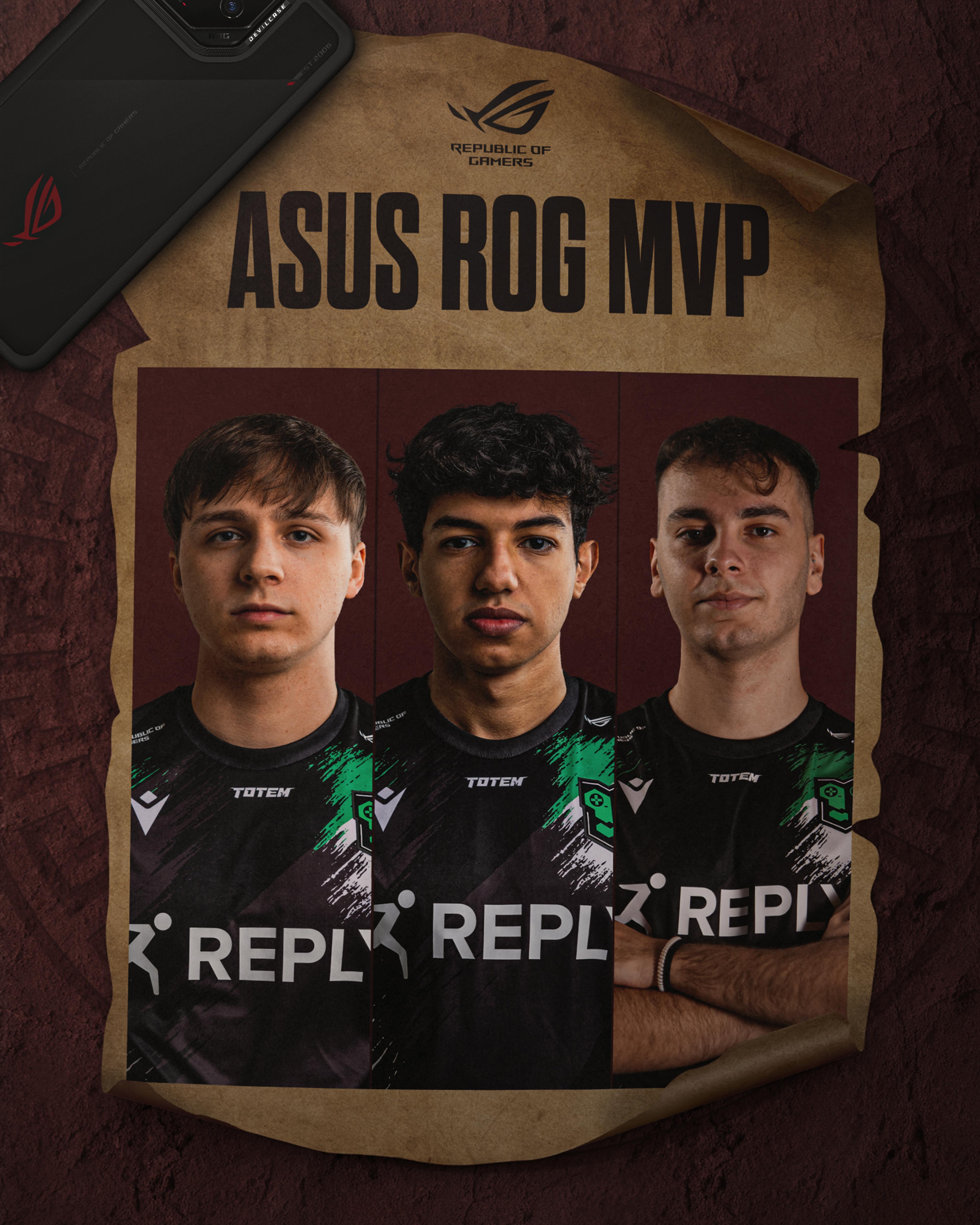 Graphic showcasing the 3 Reply Totem Brawl Stars players, Maury Maru Ikaoss "ASUS ROG MVP"