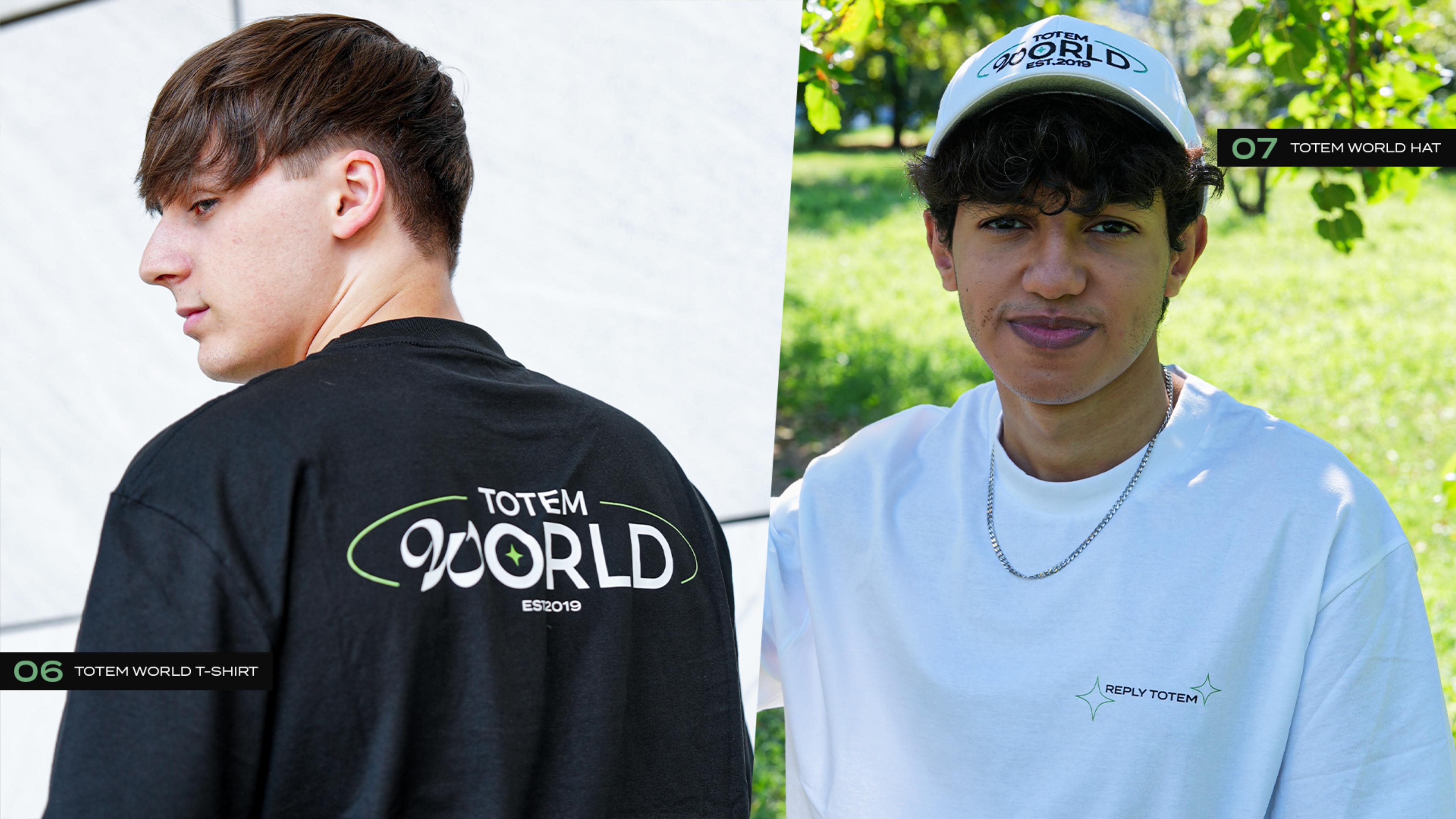 on the left  Maury with the "Totem World T-Shirt" black edition, on the right  Maru with the "Totem World T-Shirt" and "Totem World Hat" white edition