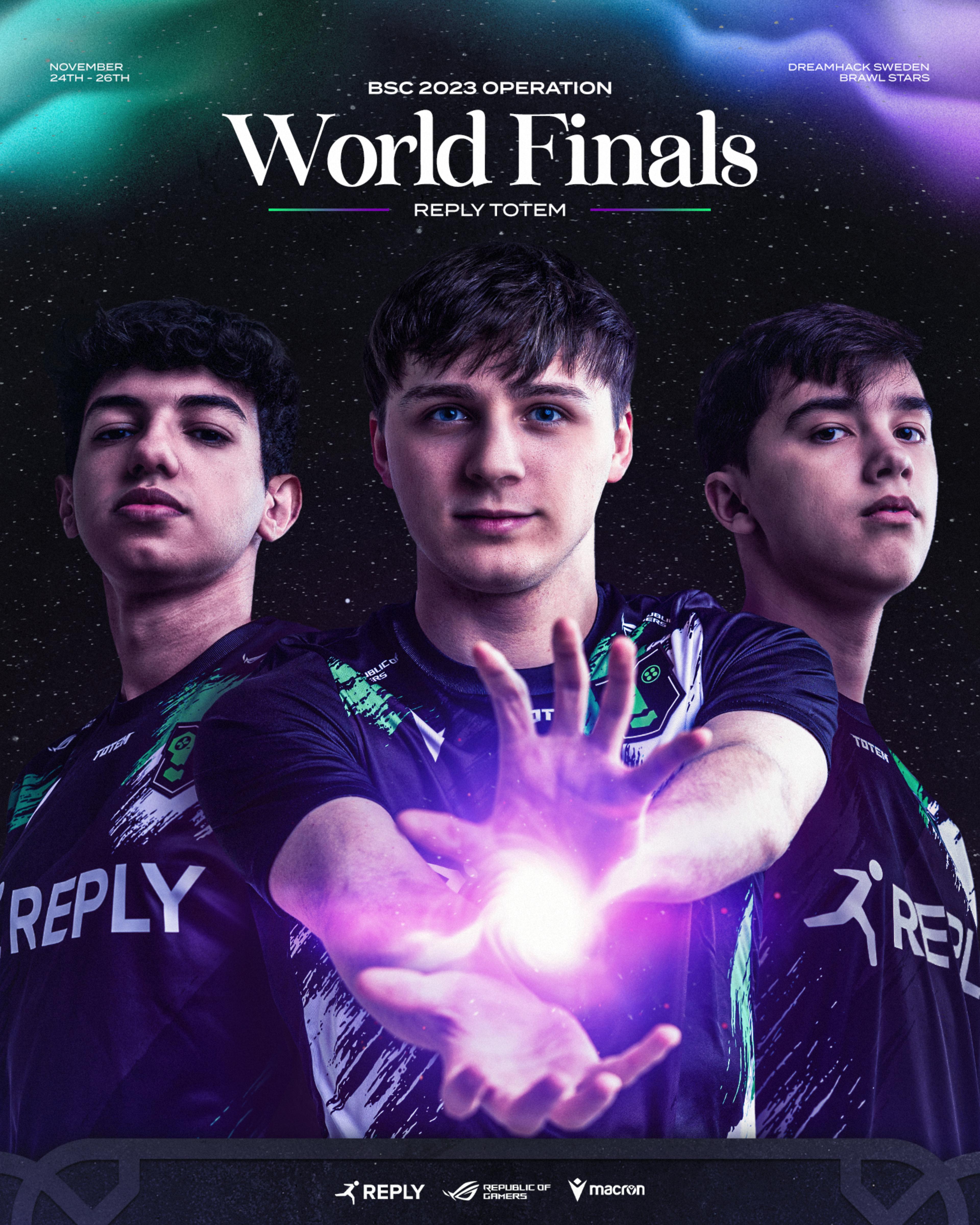 BSC 2023 Operation World Finals - REPLY TOTEM. From left to right the players: Maru, Maury and Joker. Maury in the middle charging a magic purple sphere