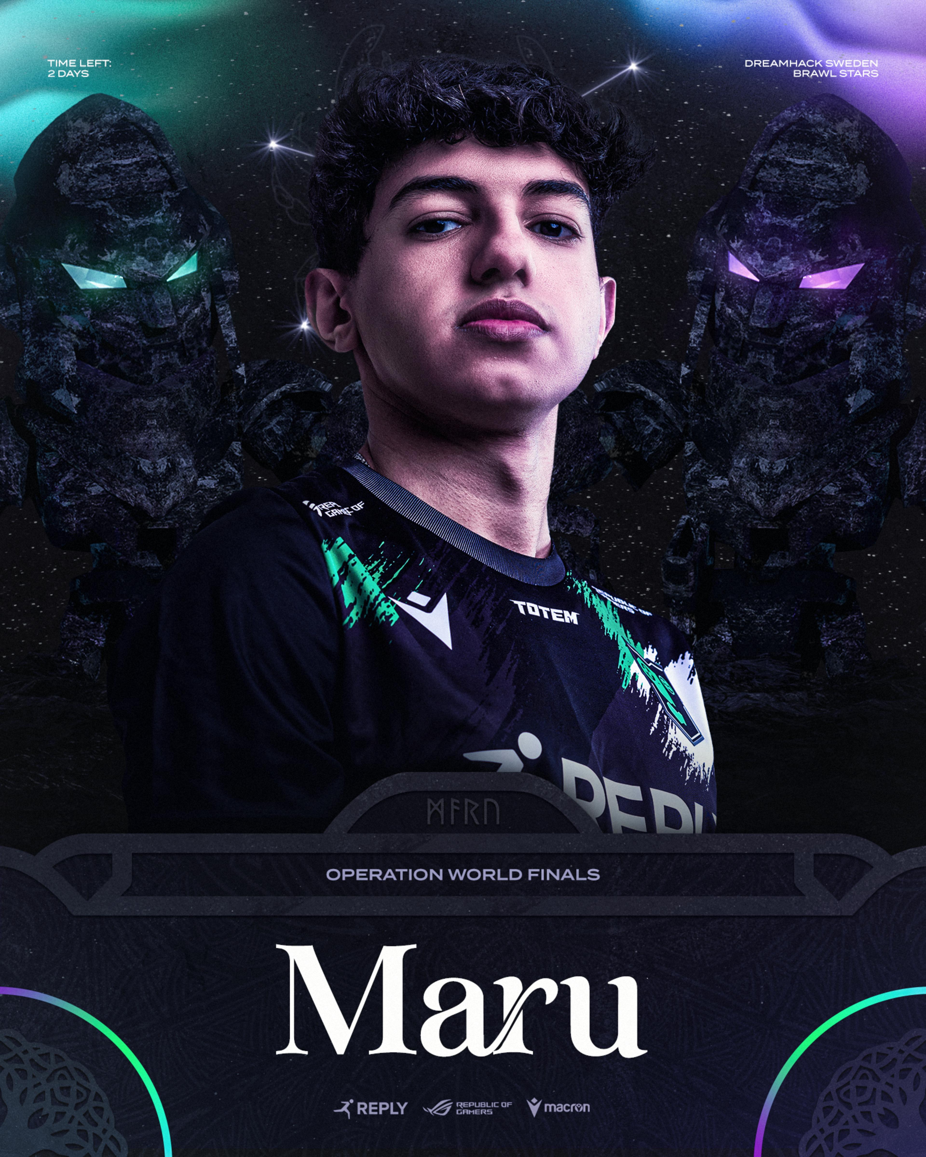 Hype graphic featuring Maru "Operation World Finals". Maru with a cosmic background on his back, two statues of the character "Mortis" and his constellation "Cancer"