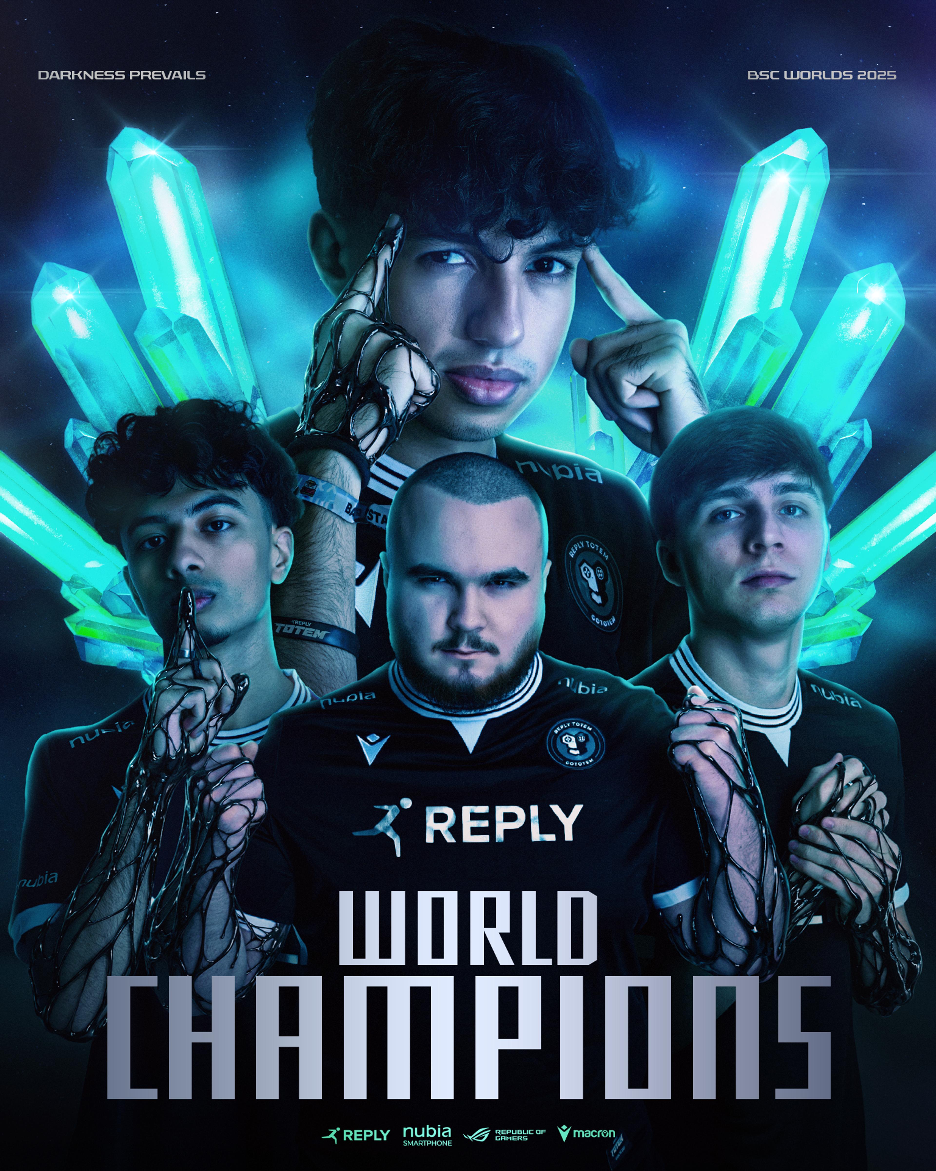 WORLD CHAMPIONS POSTER featuring the whole Reply Totem team. Maru on top, Drage on the left, Angelboy in the middle and Maury on the right. The players are covered by the symbiont and have crystals of Reply Totem's color in the back