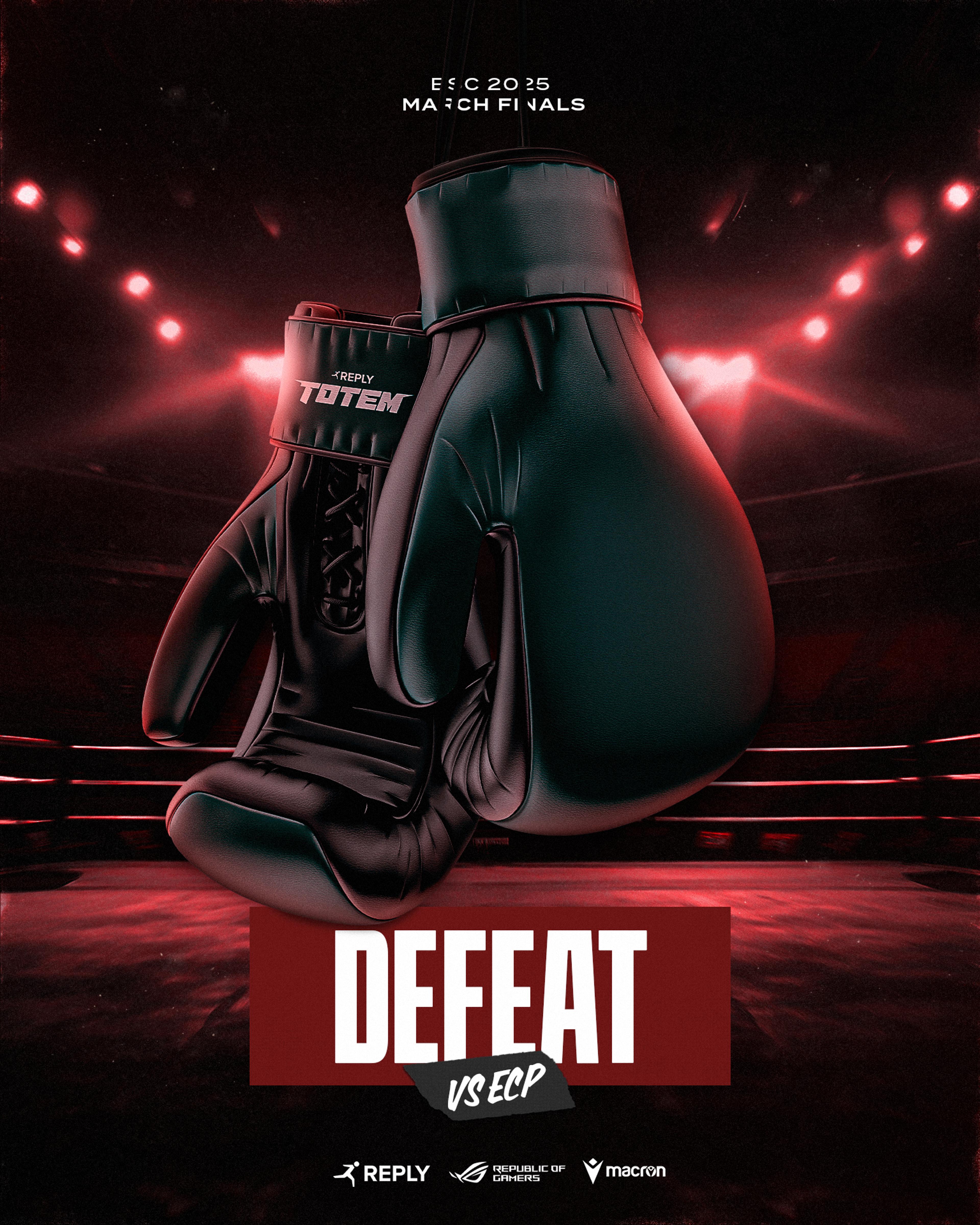Defeat graphic featuring totem's boxing gloves hanging in front of a boxing ring. DEFEAT VS ECP